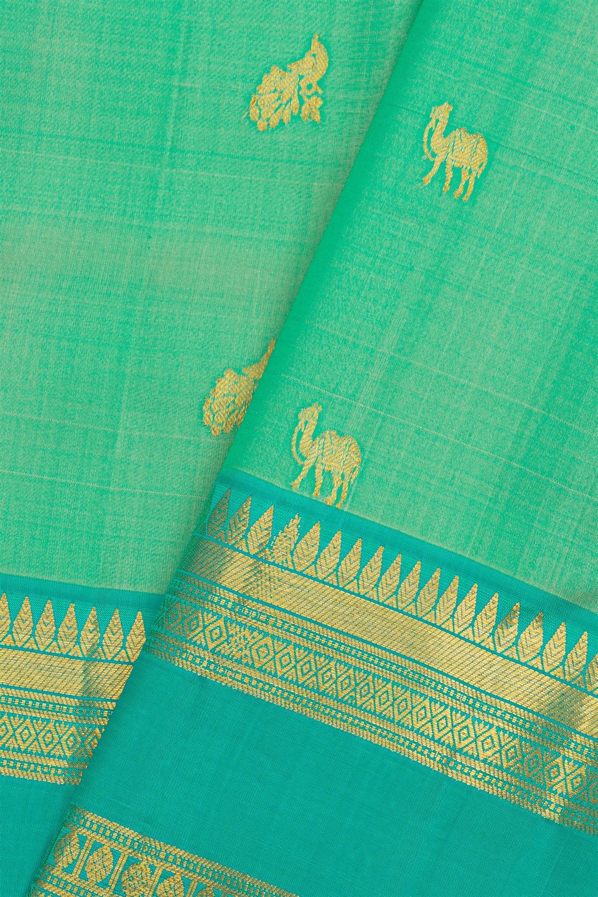 Kancheepuram Pure Silk Sea Green Saree With Florals And Leaves Traditional Gap Border