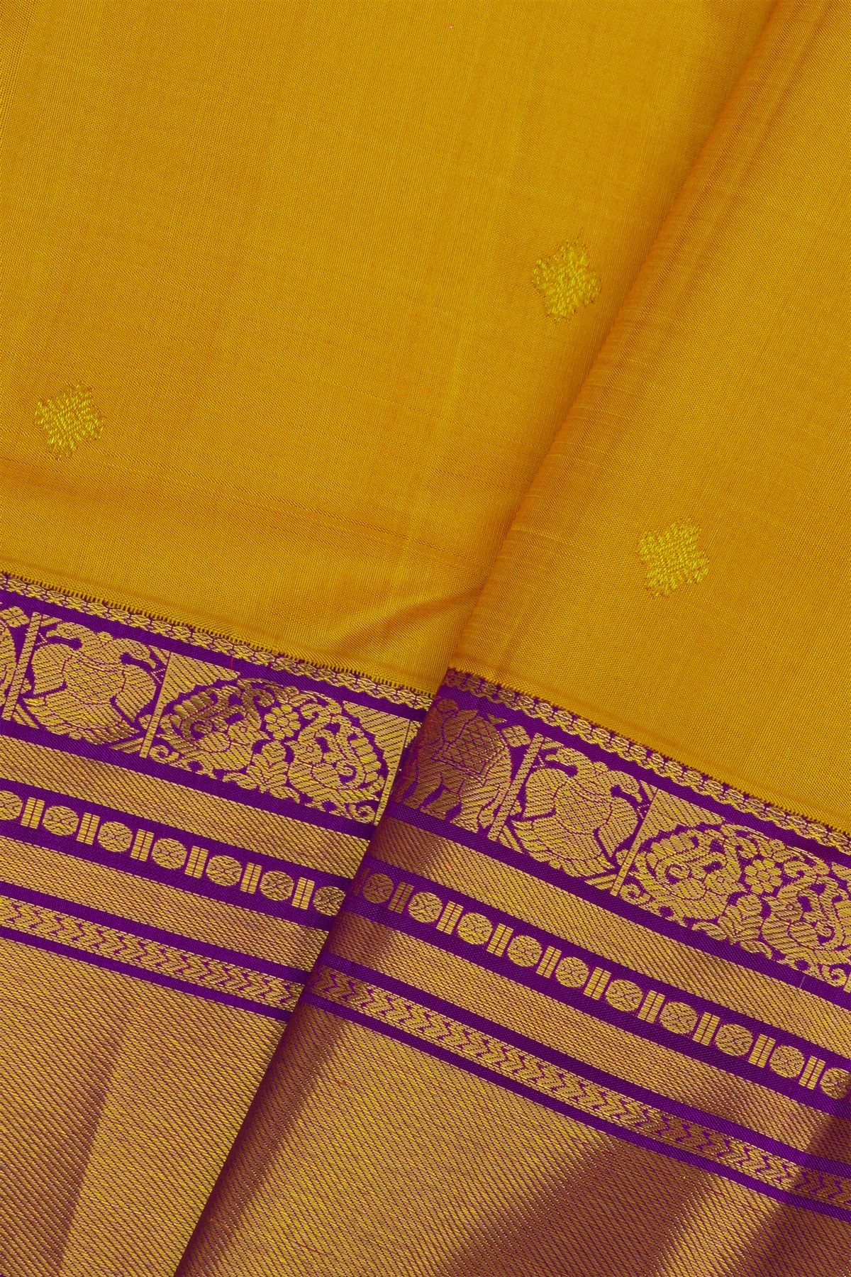 Kancheepuram Silk Yellow Saree With Cross Lines, Florals And Animals Border
