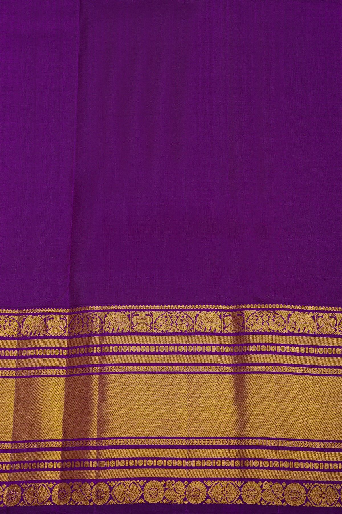 Kancheepuram Silk Yellow Saree With Cross Lines, Florals And Animals Border