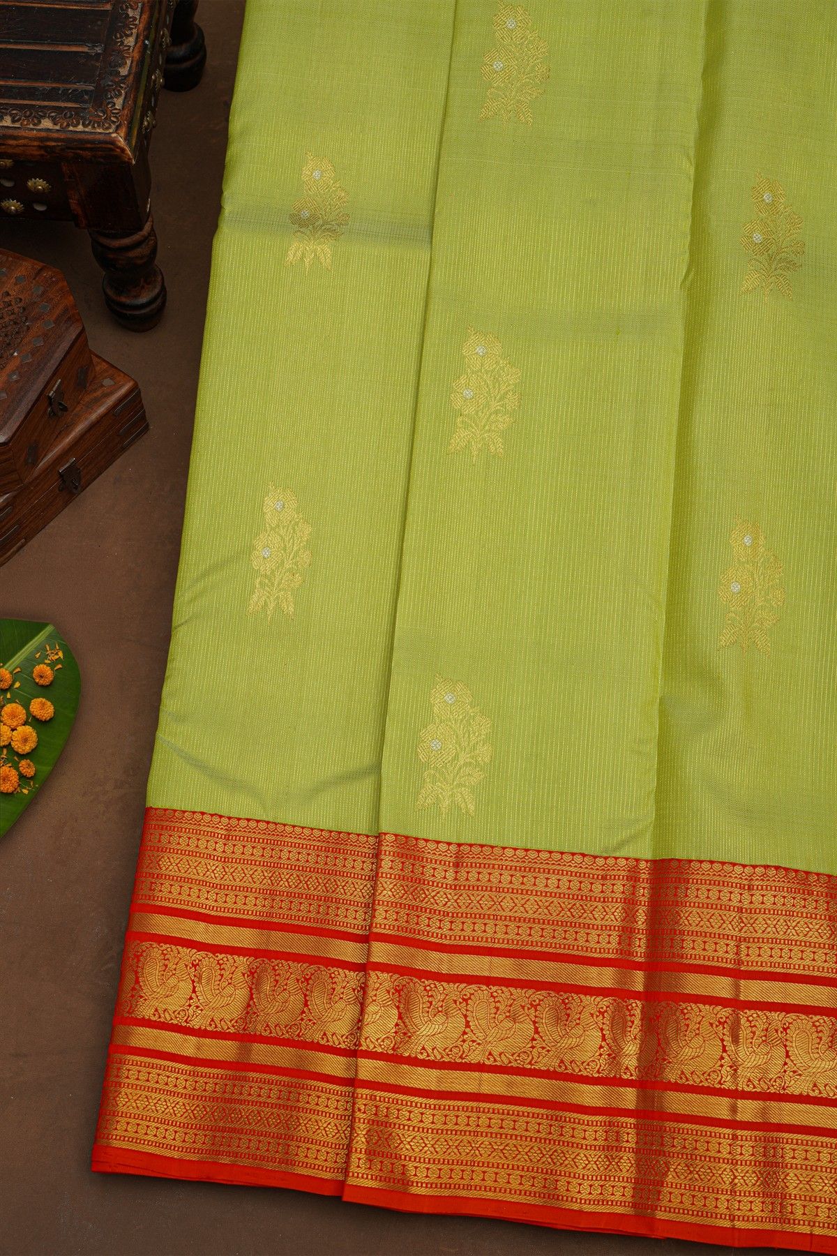 Kancheepuram Pure Silk Parrot Green Saree With Florals And Peacocks Traditional Border
