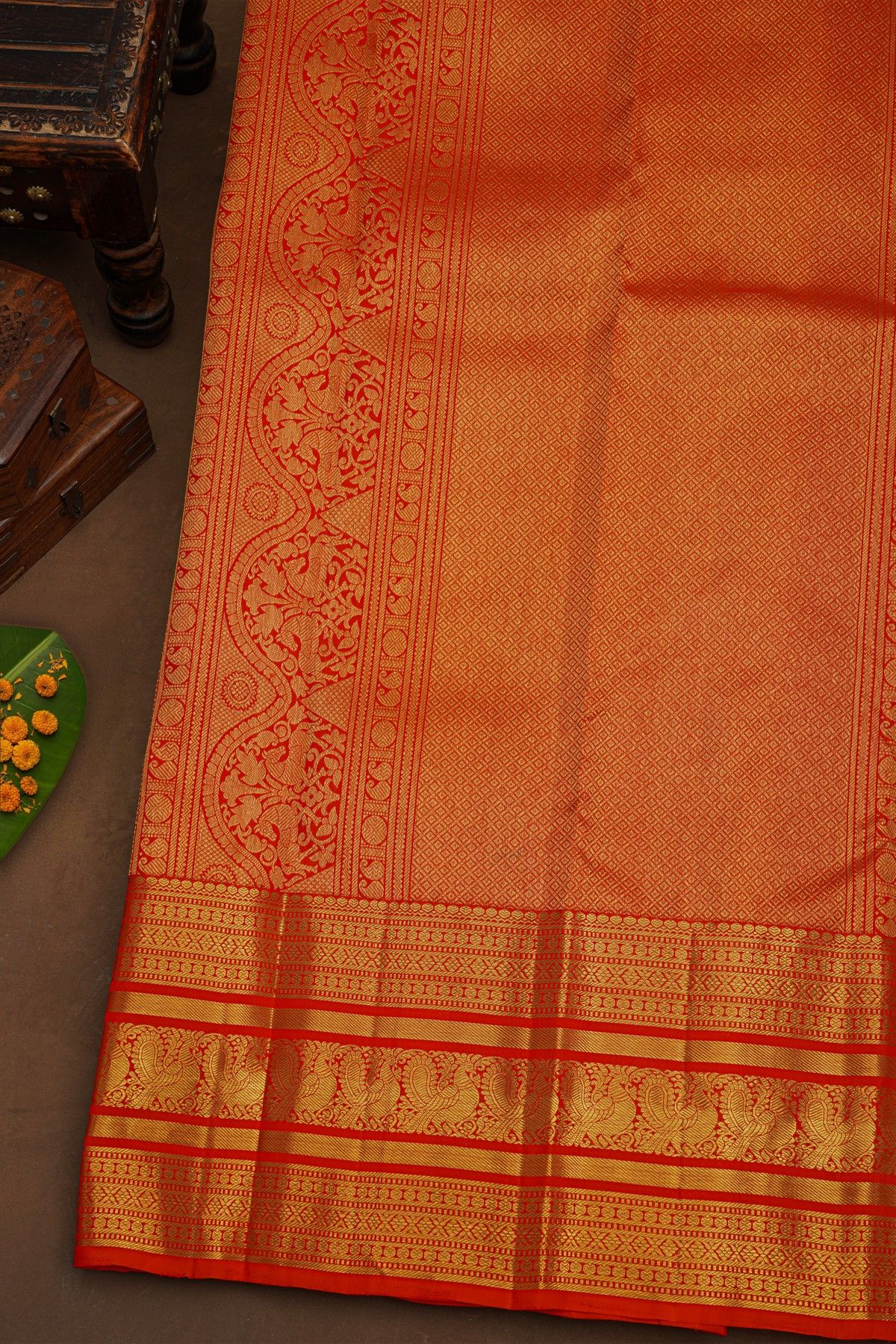 Kancheepuram Pure Silk Parrot Green Saree With Florals And Peacocks Traditional Border