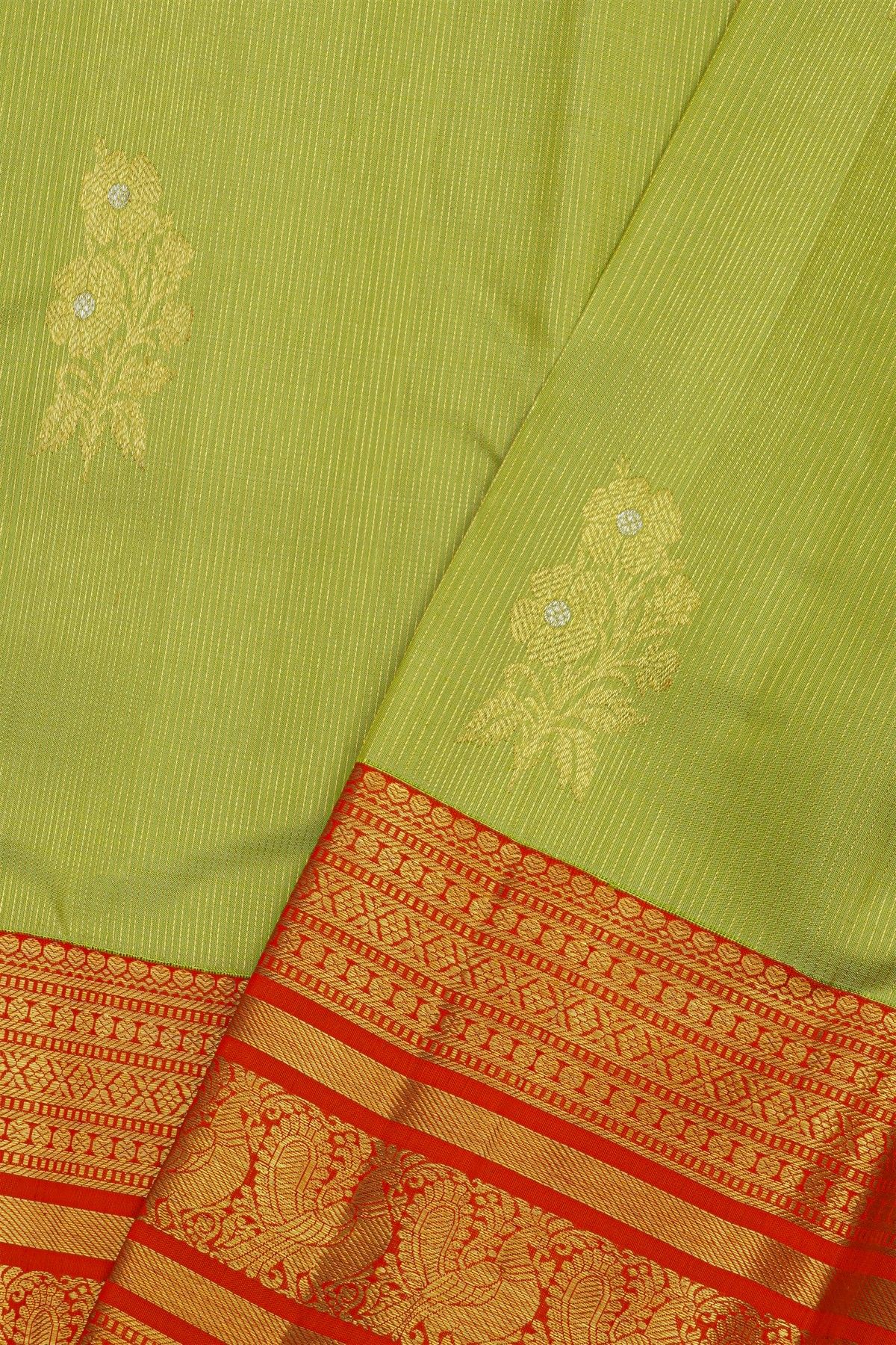 Kancheepuram Pure Silk Parrot Green Saree With Florals And Peacocks Traditional Border