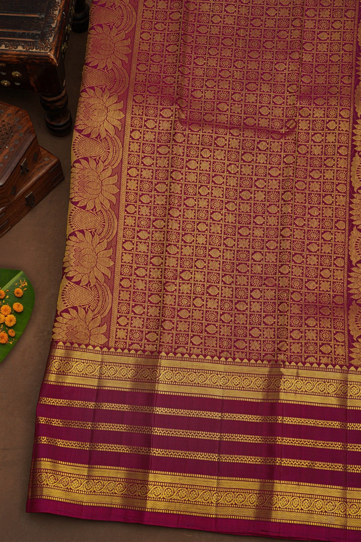 Kancheepuram Pure Silk Rust Purple Saree With Zari Lines Gap Border