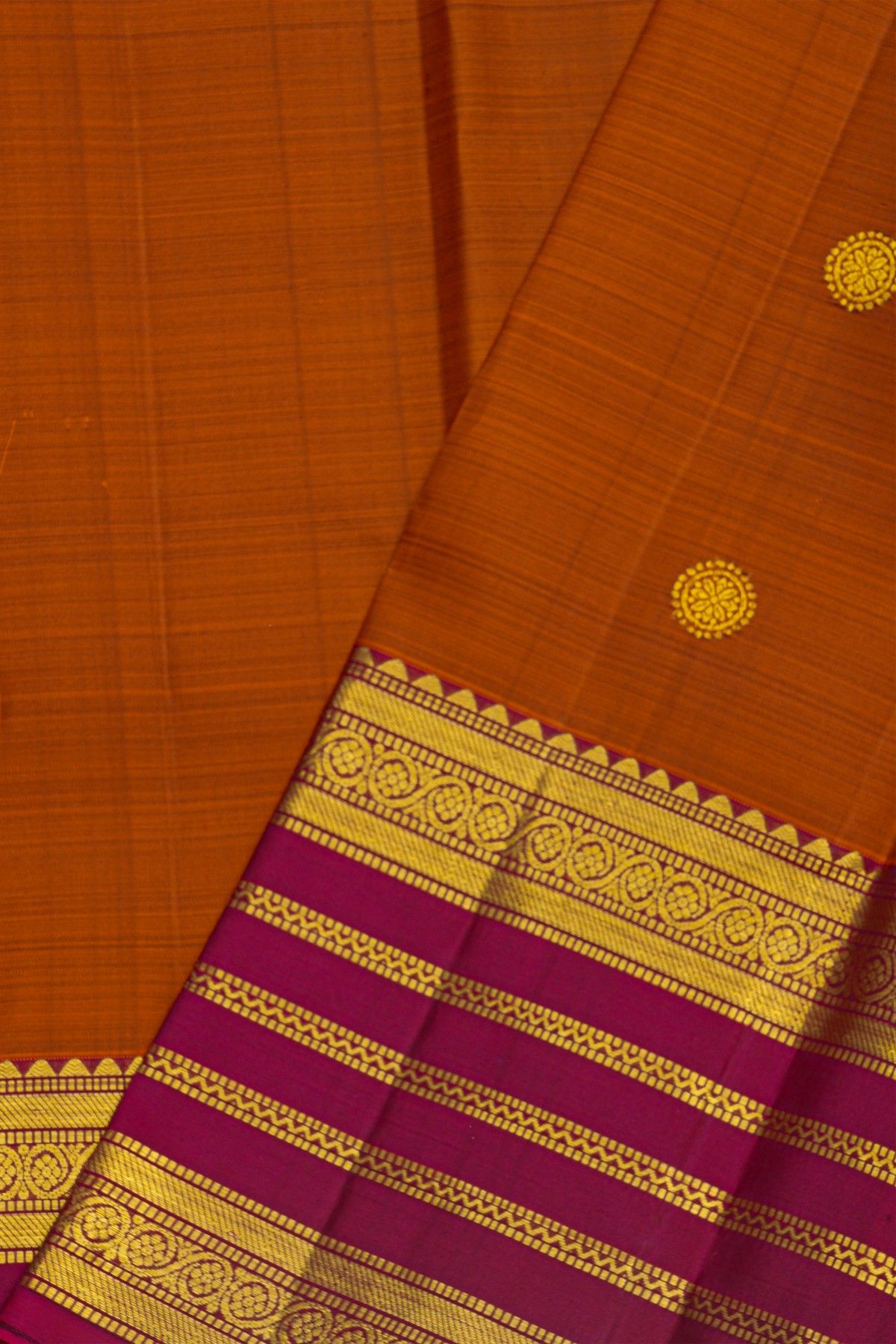 Kancheepuram Pure Silk Rust Purple Saree With Zari Lines Gap Border
