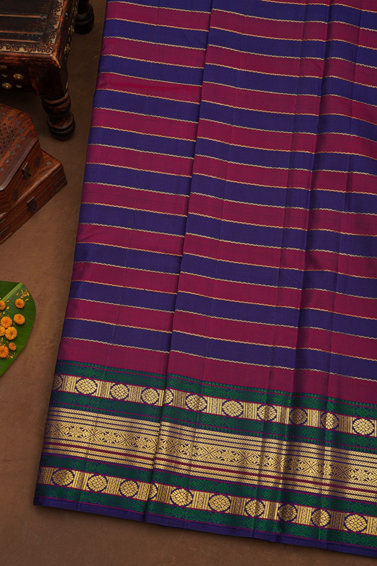 Kancheepuram Pure Silk Multi-Colour Saree With Florals And Leaves Traditional Border