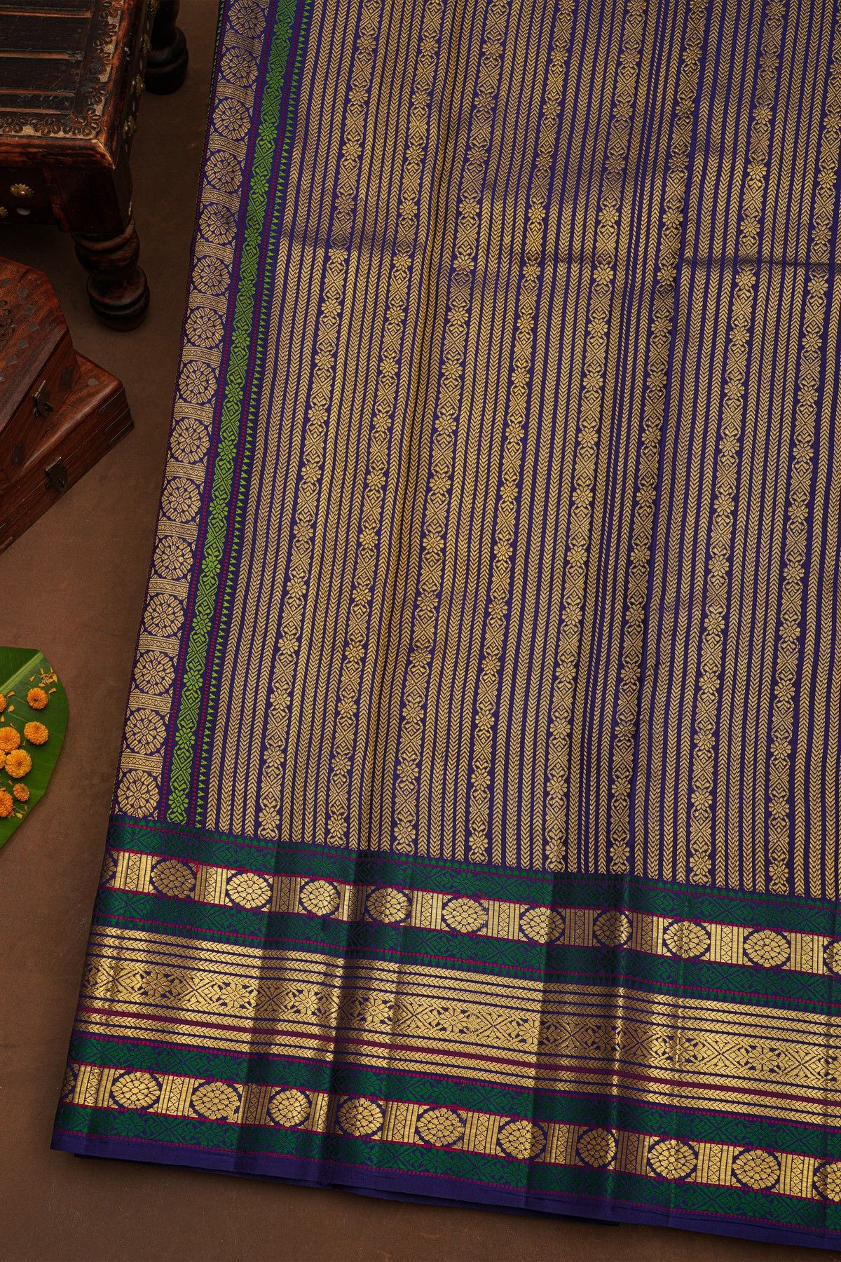 Kancheepuram Pure Silk Multi-Colour Saree With Florals And Leaves Traditional Border