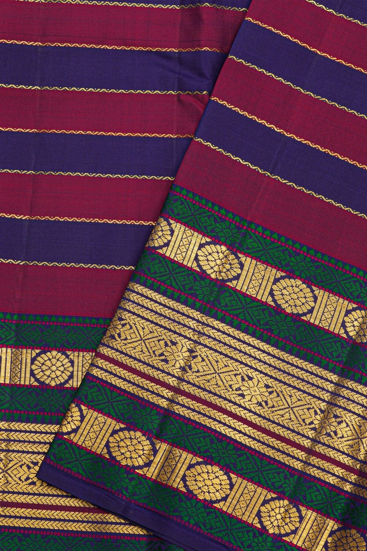 Kancheepuram Pure Silk Multi-Colour Saree With Florals And Leaves Traditional Border