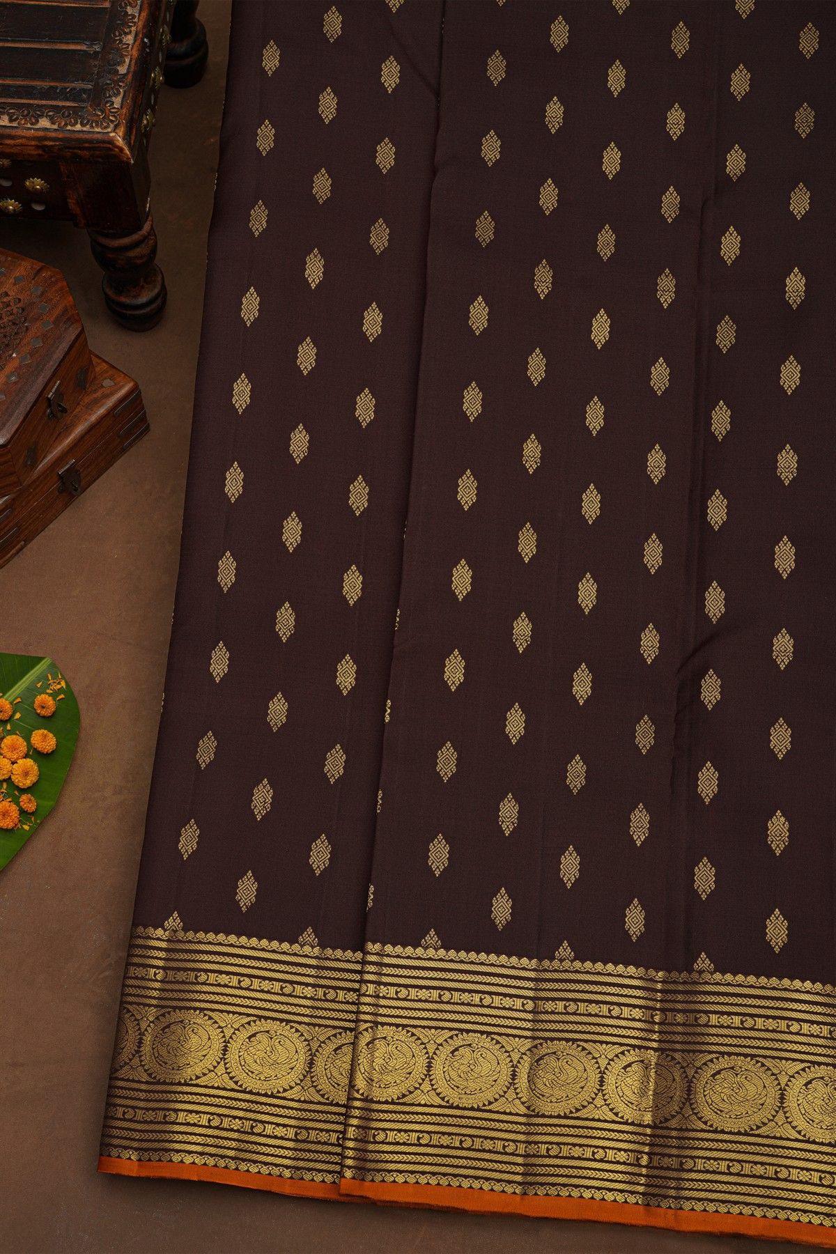 Kancheepuram Pure Silk Black Saree And Peacocks With Zari Border