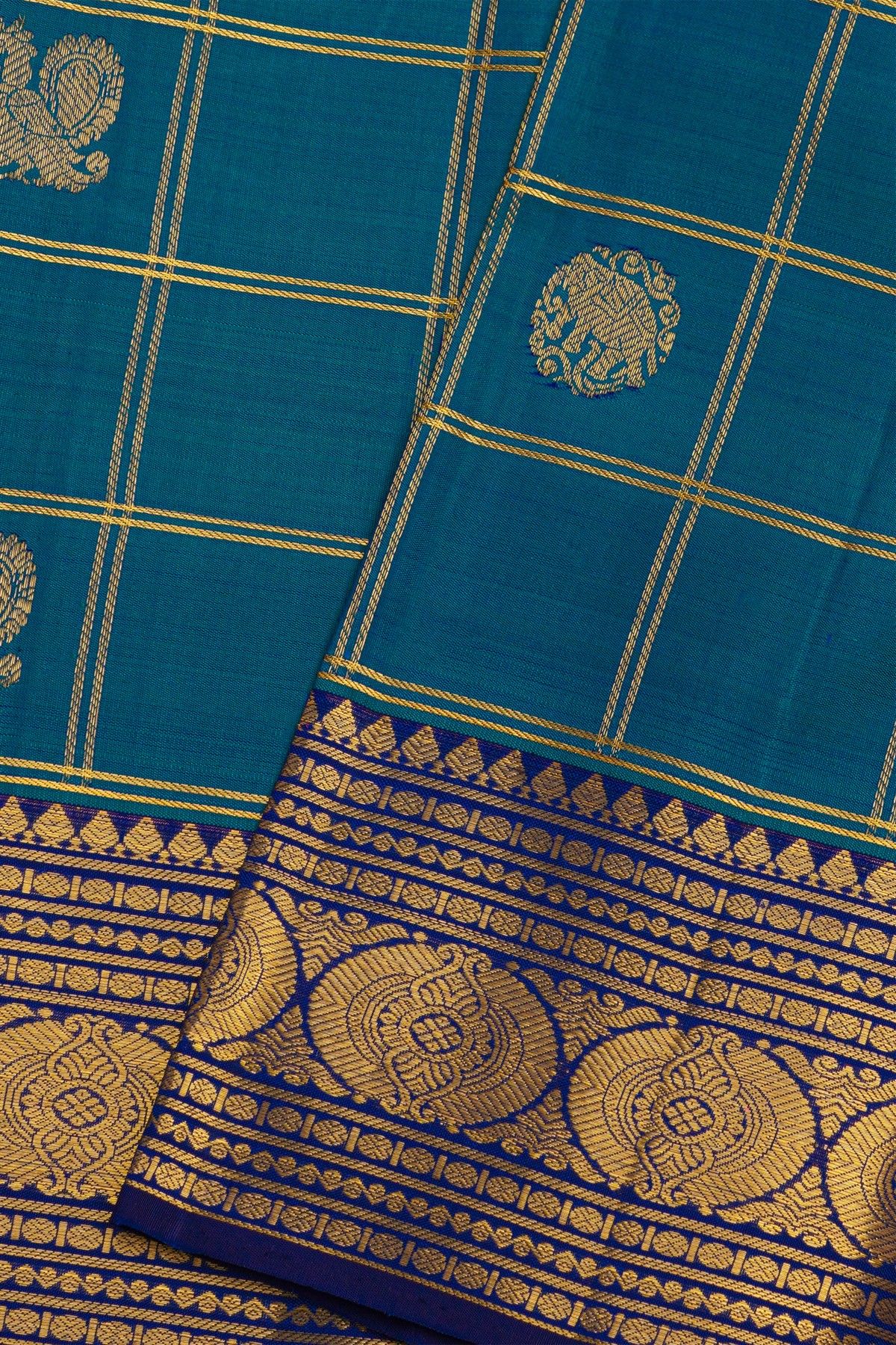 Kancheepuram Pure Silk Royal Blue Saree With Florals And Leaves Border