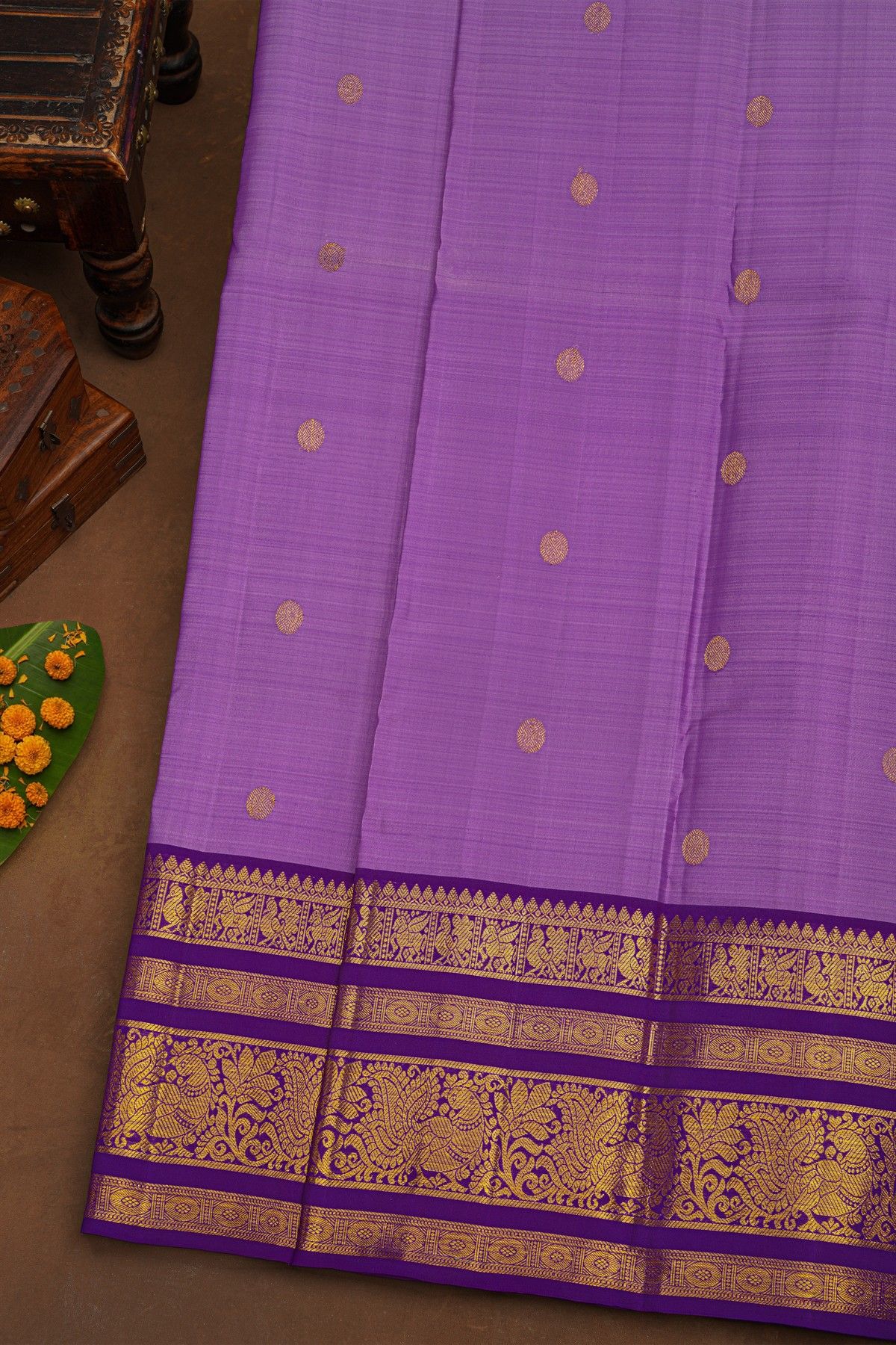 Kancheepuram Pure Silk Lavender Saree With Floral And Peacocks Border