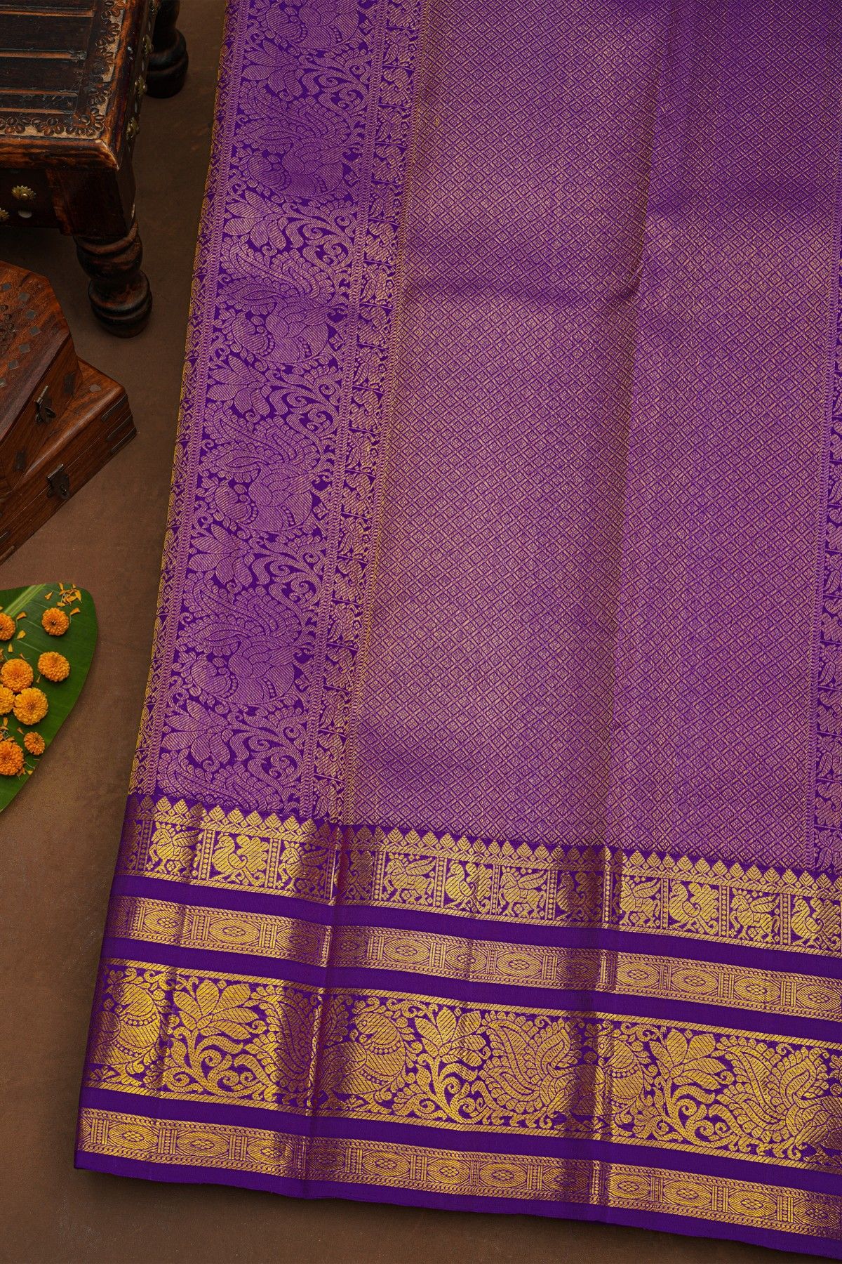 Kancheepuram Pure Silk Lavender Saree With Floral And Peacocks Border