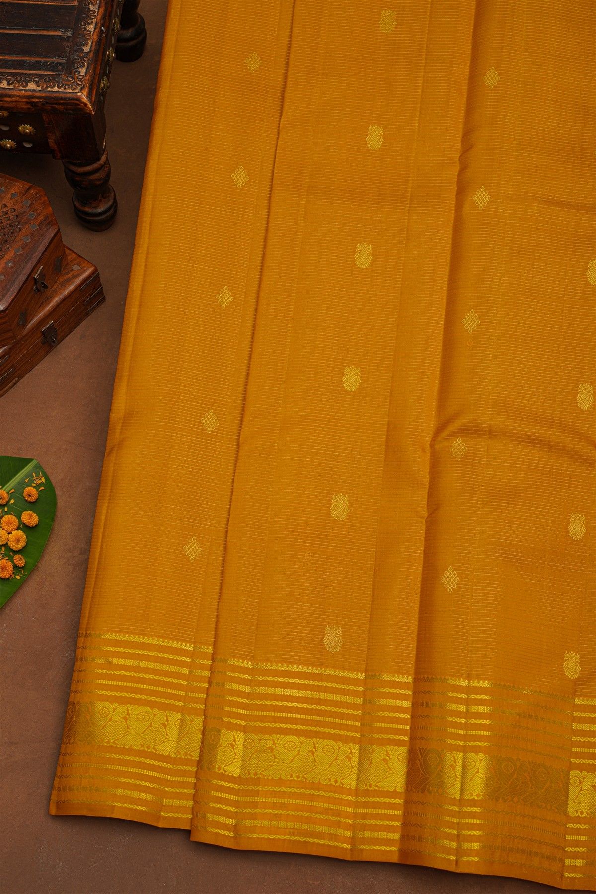 Kancheepuram Pure Silk Mustard Saree With Horizontal Zari Lines And Peacocks Border