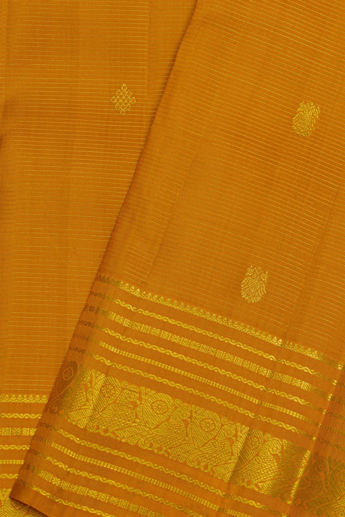 Kancheepuram Pure Silk Mustard Saree With Horizontal Zari Lines And Peacocks Border