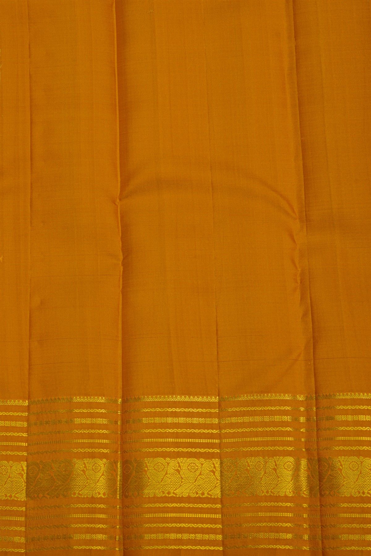 Kancheepuram Pure Silk Mustard Saree With Horizontal Zari Lines And Peacocks Border