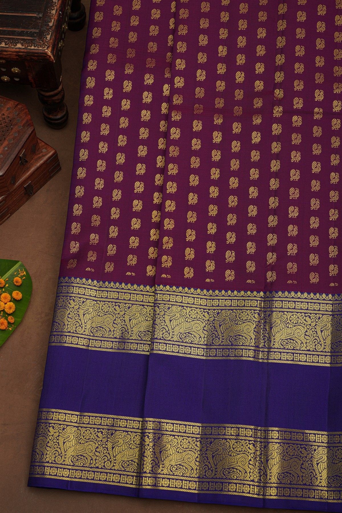 Kancheepuram Pure Silk Wine Saree With Mythical Lion-Elephant Creature Border