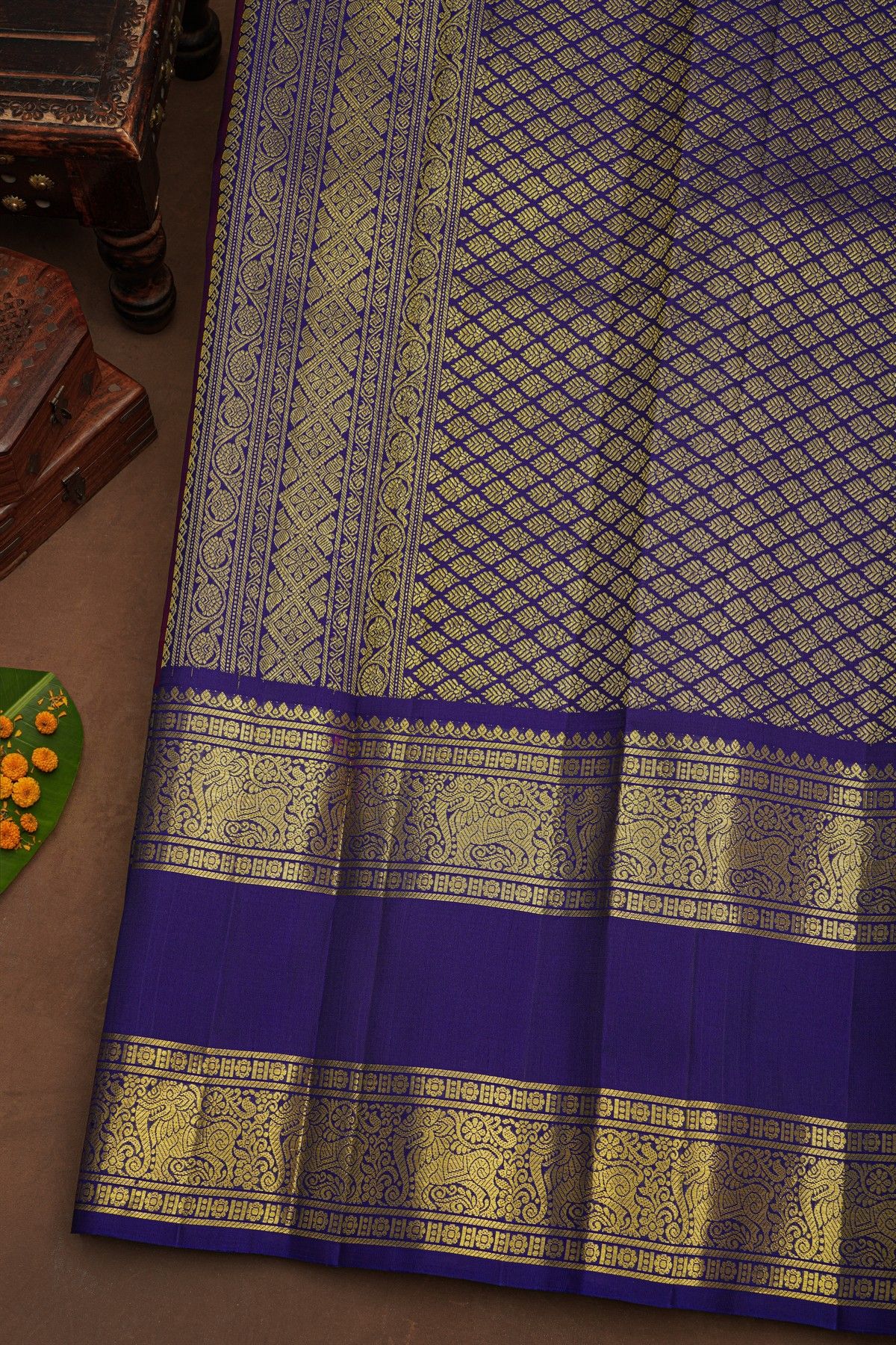 Kancheepuram Pure Silk Wine Saree With Mythical Lion-Elephant Creature Border