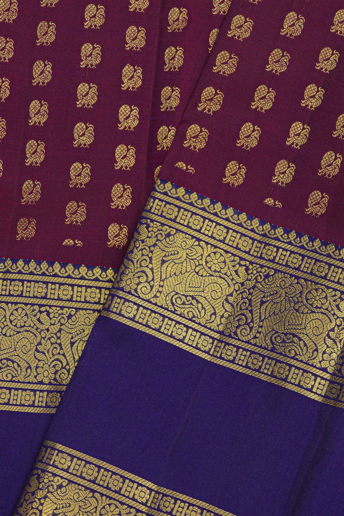 Kancheepuram Pure Silk Wine Saree With Mythical Lion-Elephant Creature Border