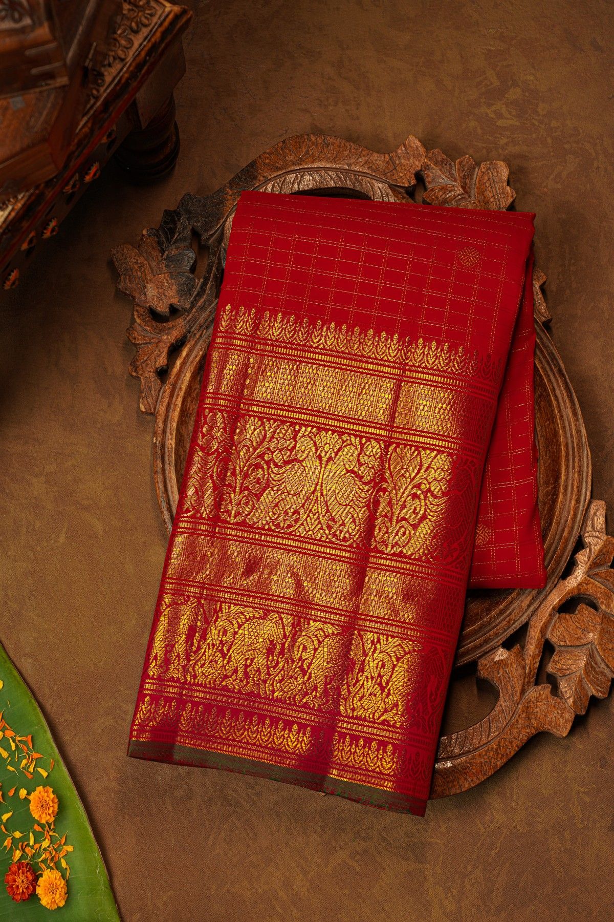 Kancheepuram Pure Silk Red Saree With Florals And Birds With Animals Border
