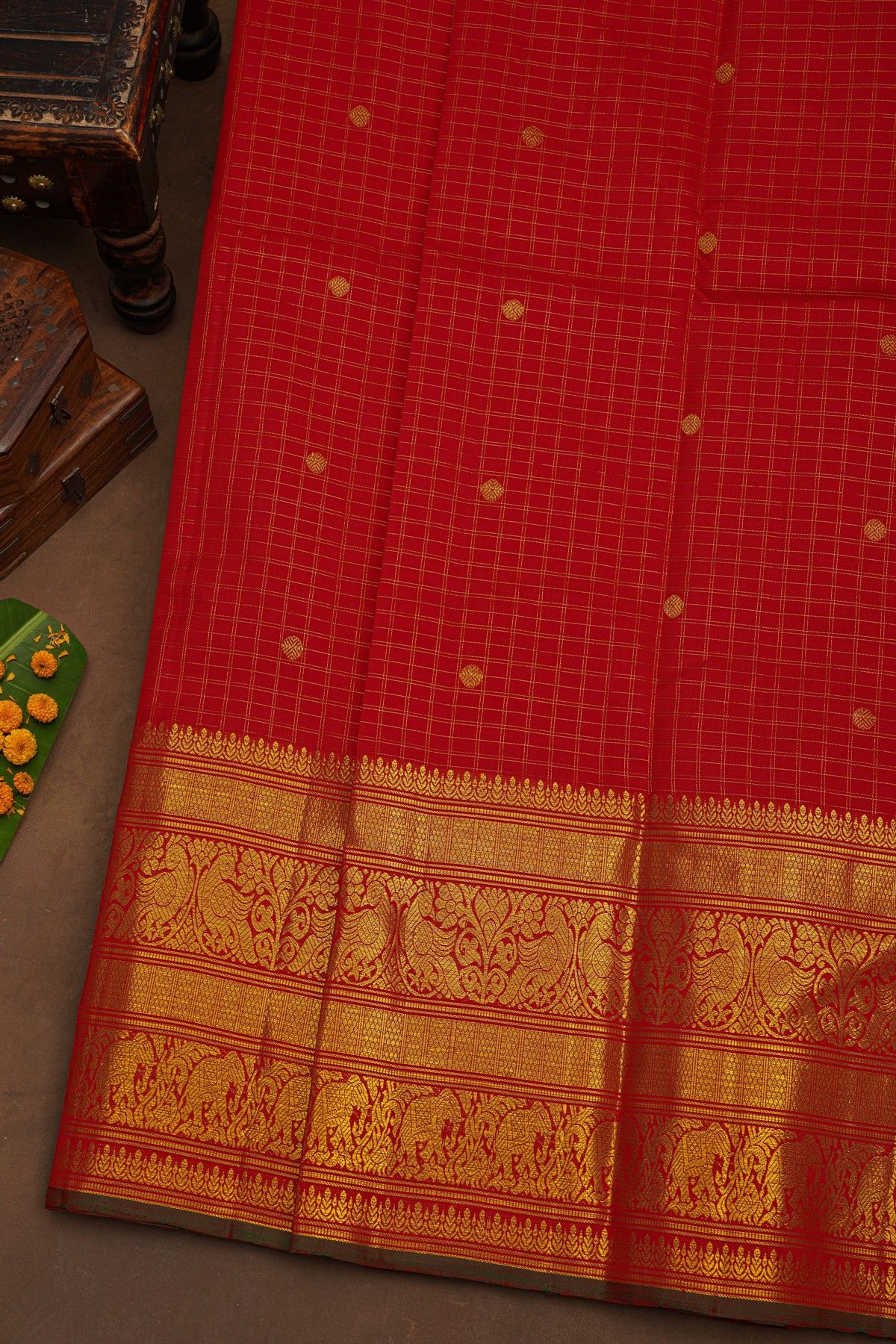 Kancheepuram Pure Silk Red Saree With Florals And Birds With Animals Border
