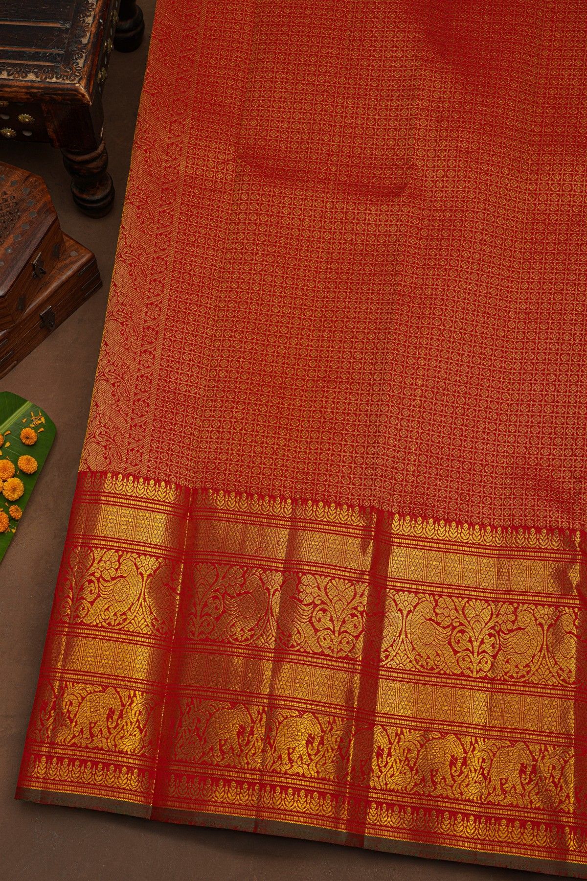 Kancheepuram Pure Silk Red Saree With Florals And Birds With Animals Border