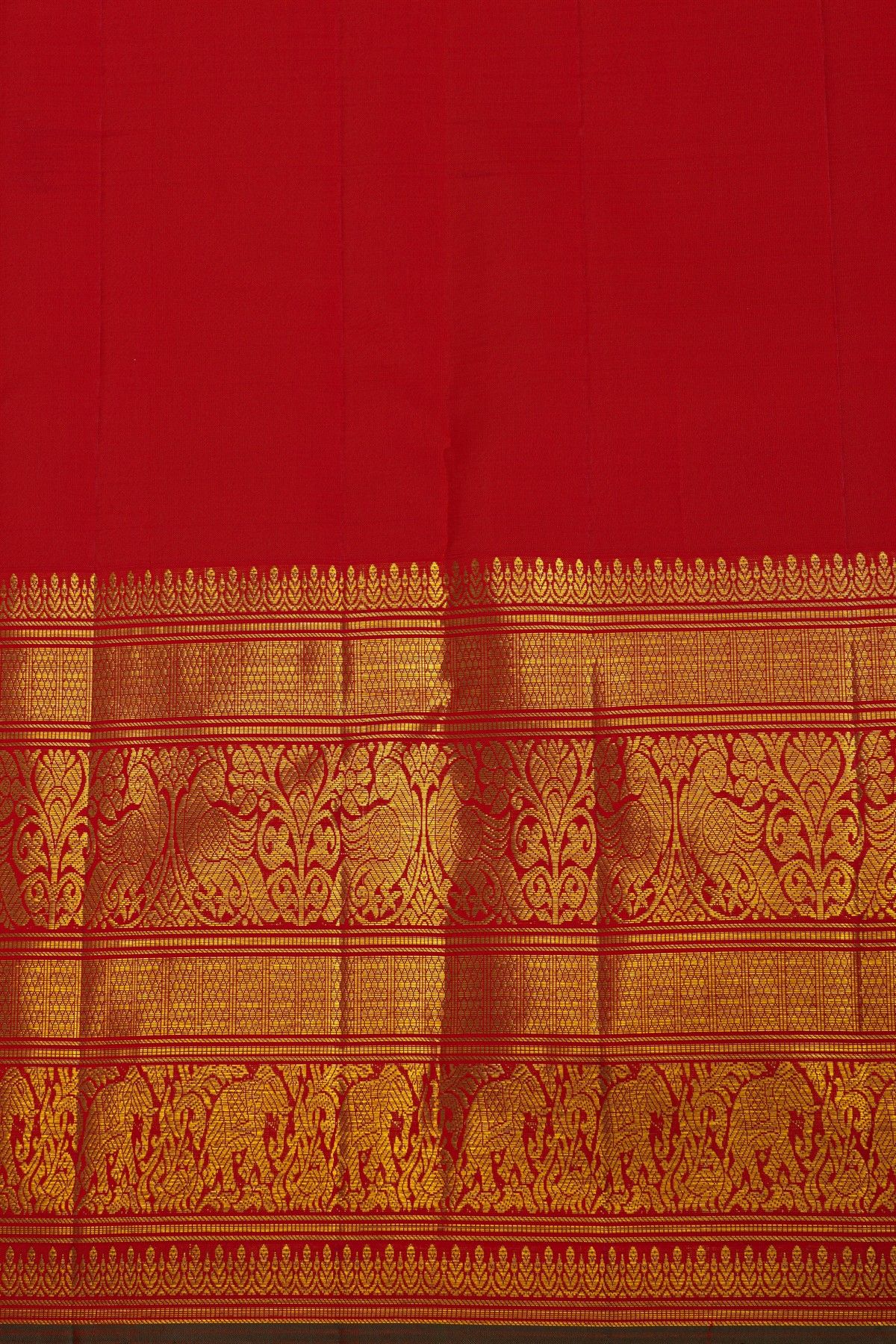 Kancheepuram Pure Silk Red Saree With Florals And Birds With Animals Border