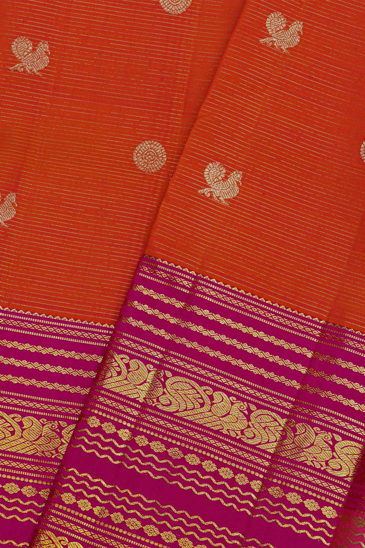 Kancheepuram Pure Silk Orange Saree With Florals And Peacocks Border