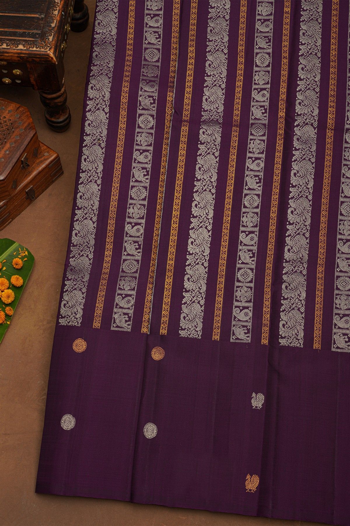 Kancheepuram Pure Silk Purple Saree With Florals And Birds Border