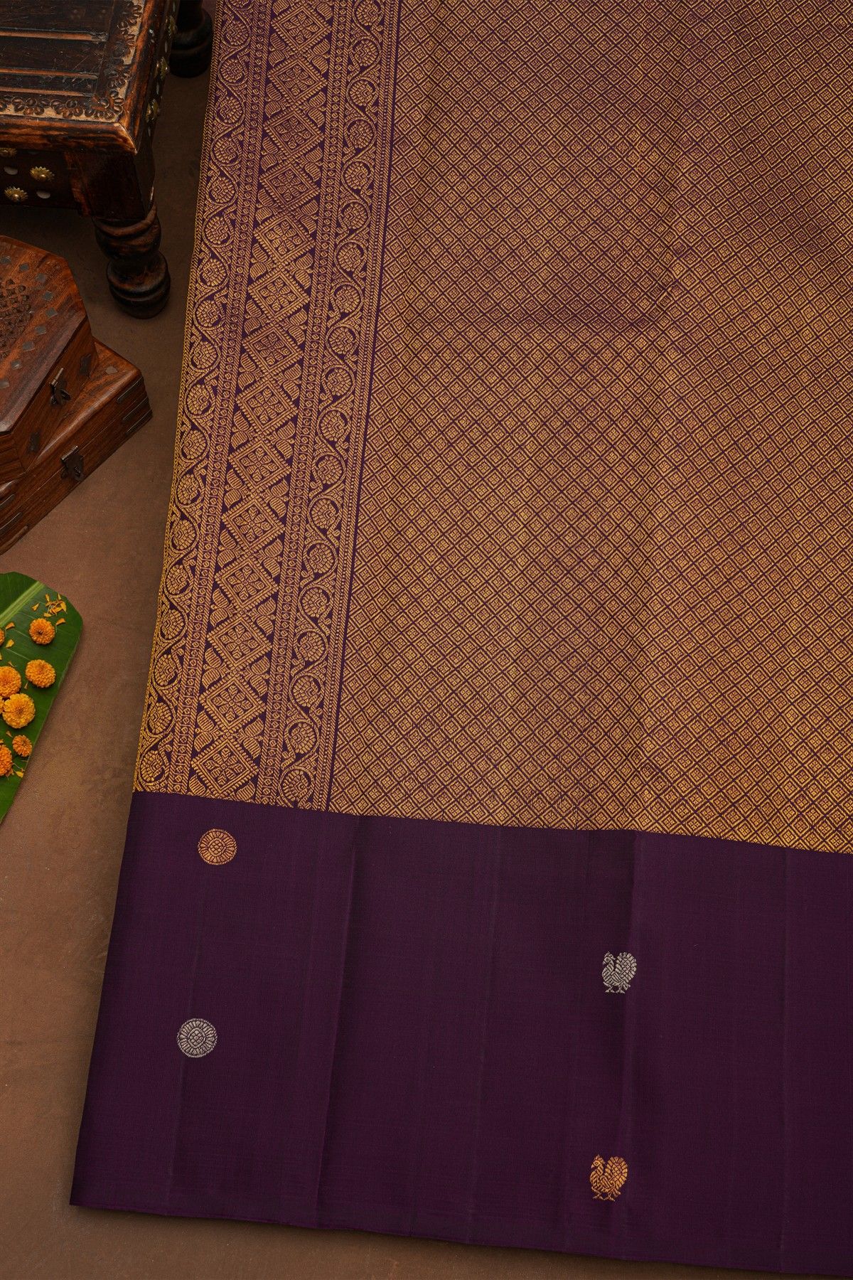 Kancheepuram Pure Silk Purple Saree With Florals And Birds Border
