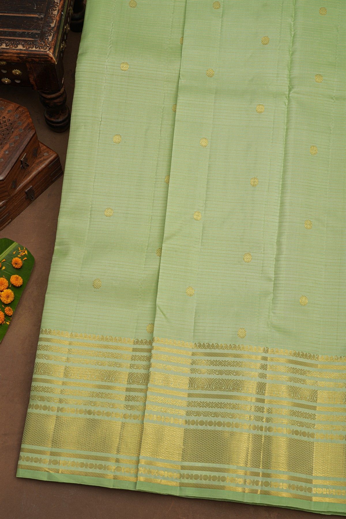 Kancheepuram Pure Silk Sea Green Saree With Buttis Body And Florals Border