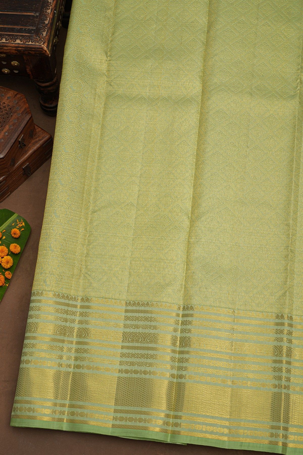 Kancheepuram Pure Silk Sea Green Saree With Buttis Body And Florals Border
