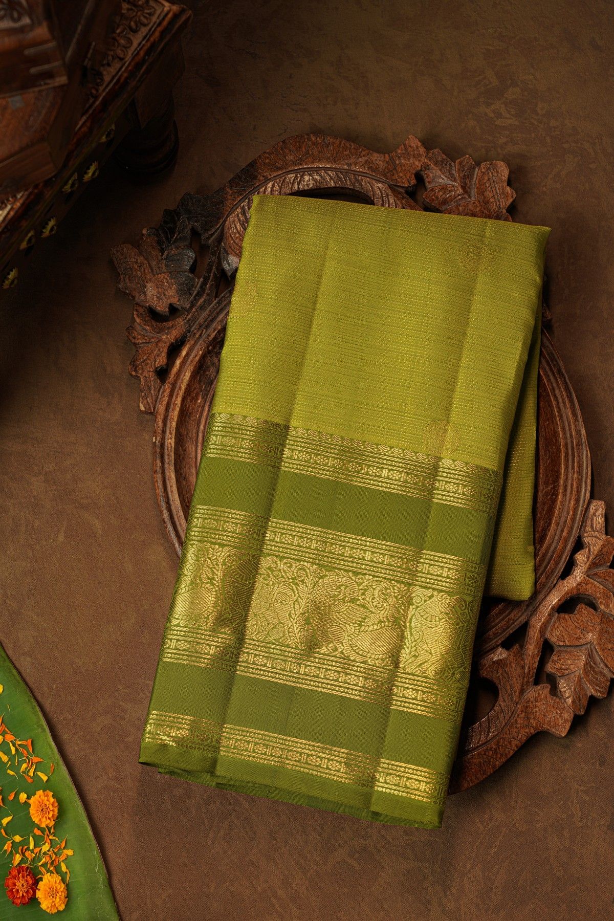 Kancheepuram Pure Silk Mehendi Green Saree With Buttis Body And Peacocks Border