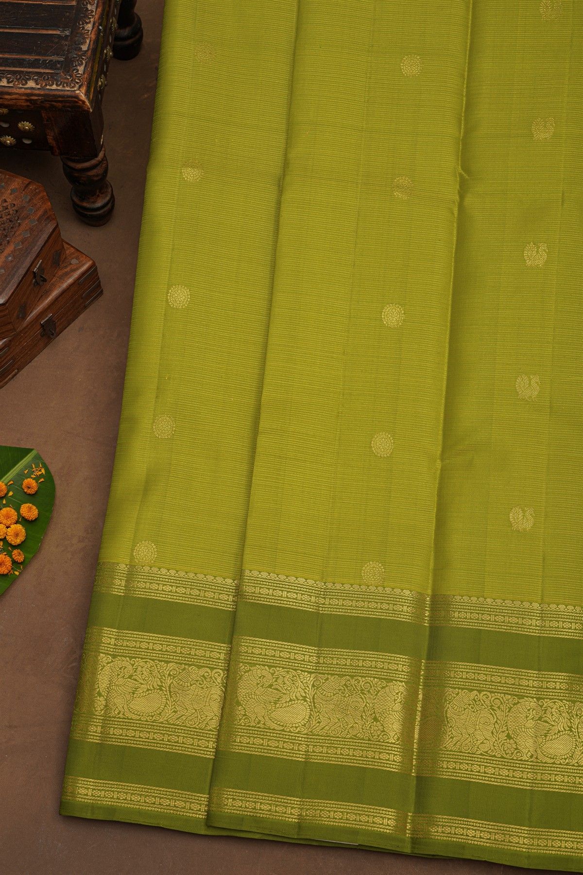 Kancheepuram Pure Silk Mehendi Green Saree With Buttis Body And Peacocks Border