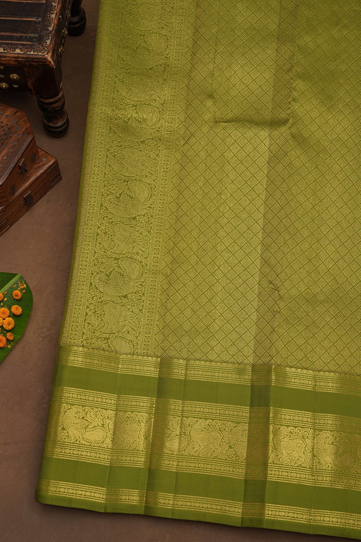 Kancheepuram Pure Silk Mehendi Green Saree With Buttis Body And Peacocks Border