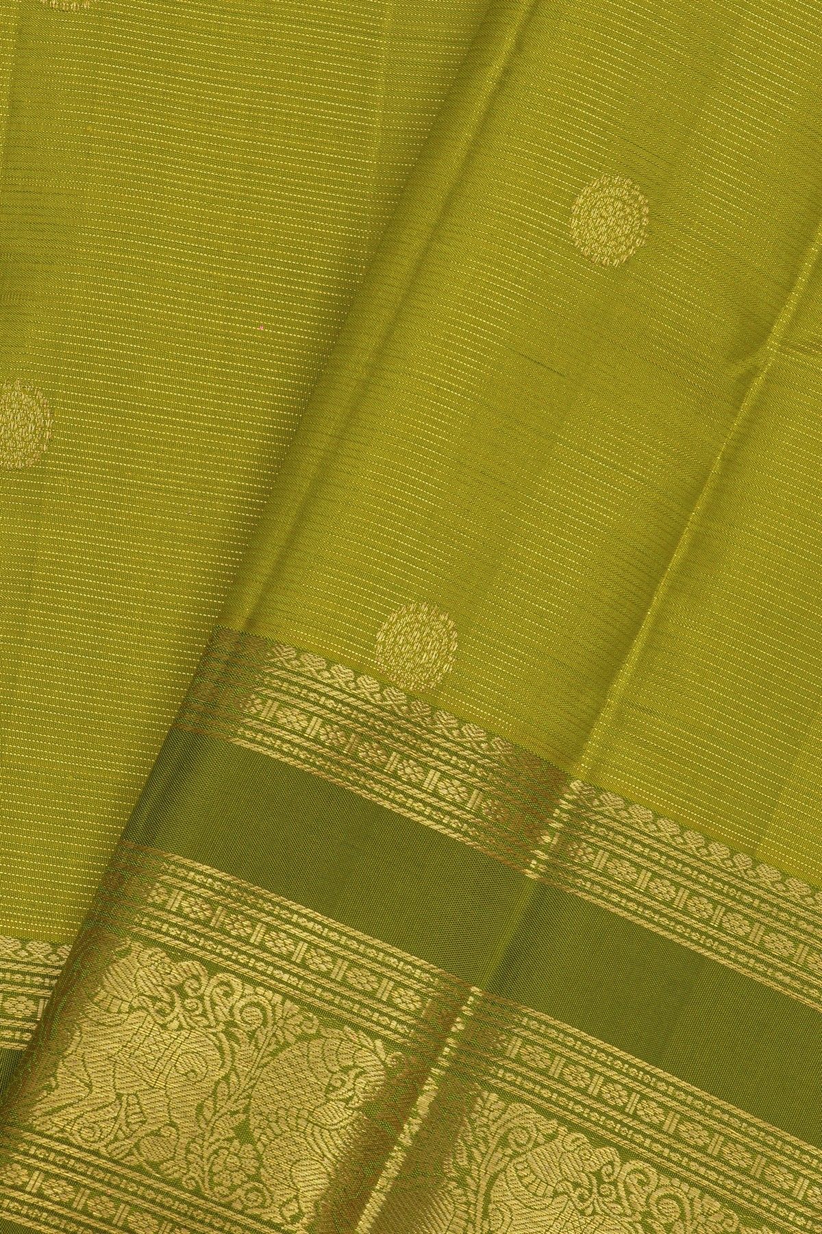 Kancheepuram Pure Silk Mehendi Green Saree With Buttis Body And Peacocks Border