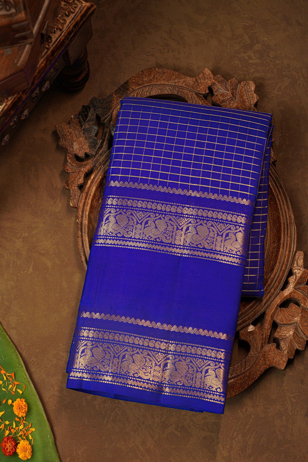 Kancheepuram Pure Silk Royal Blue Saree With Birds Gap Borders
