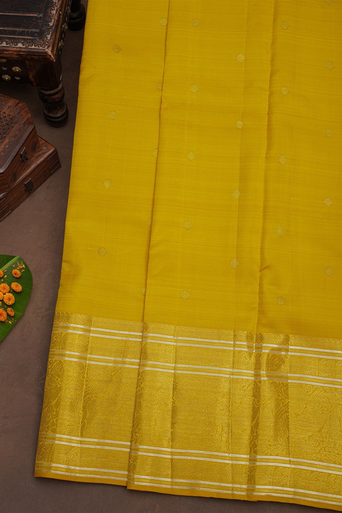 Kancheepuram Pure Silk Yellow Saree With Florals And Birds Border