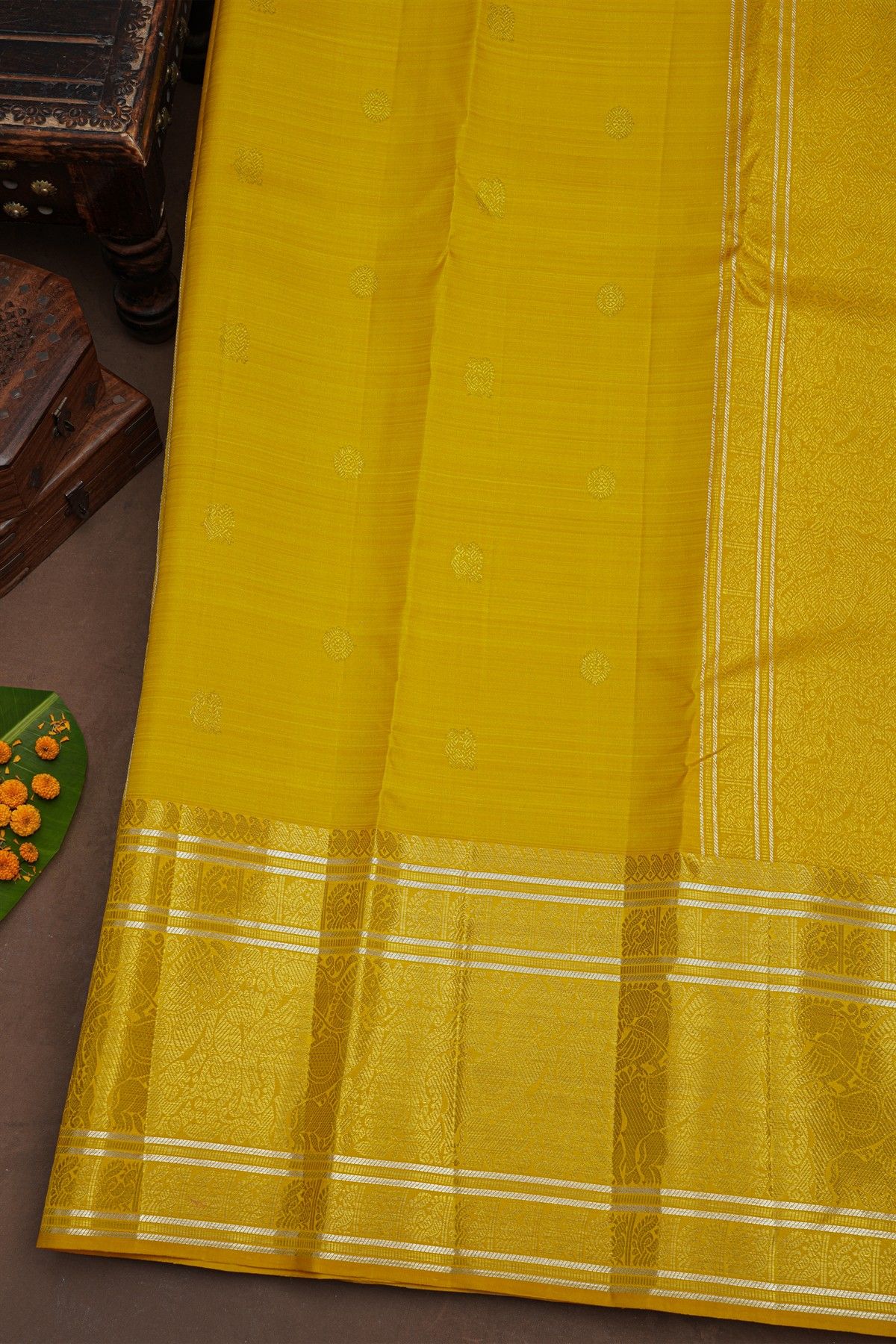 Kancheepuram Pure Silk Yellow Saree With Florals And Birds Border