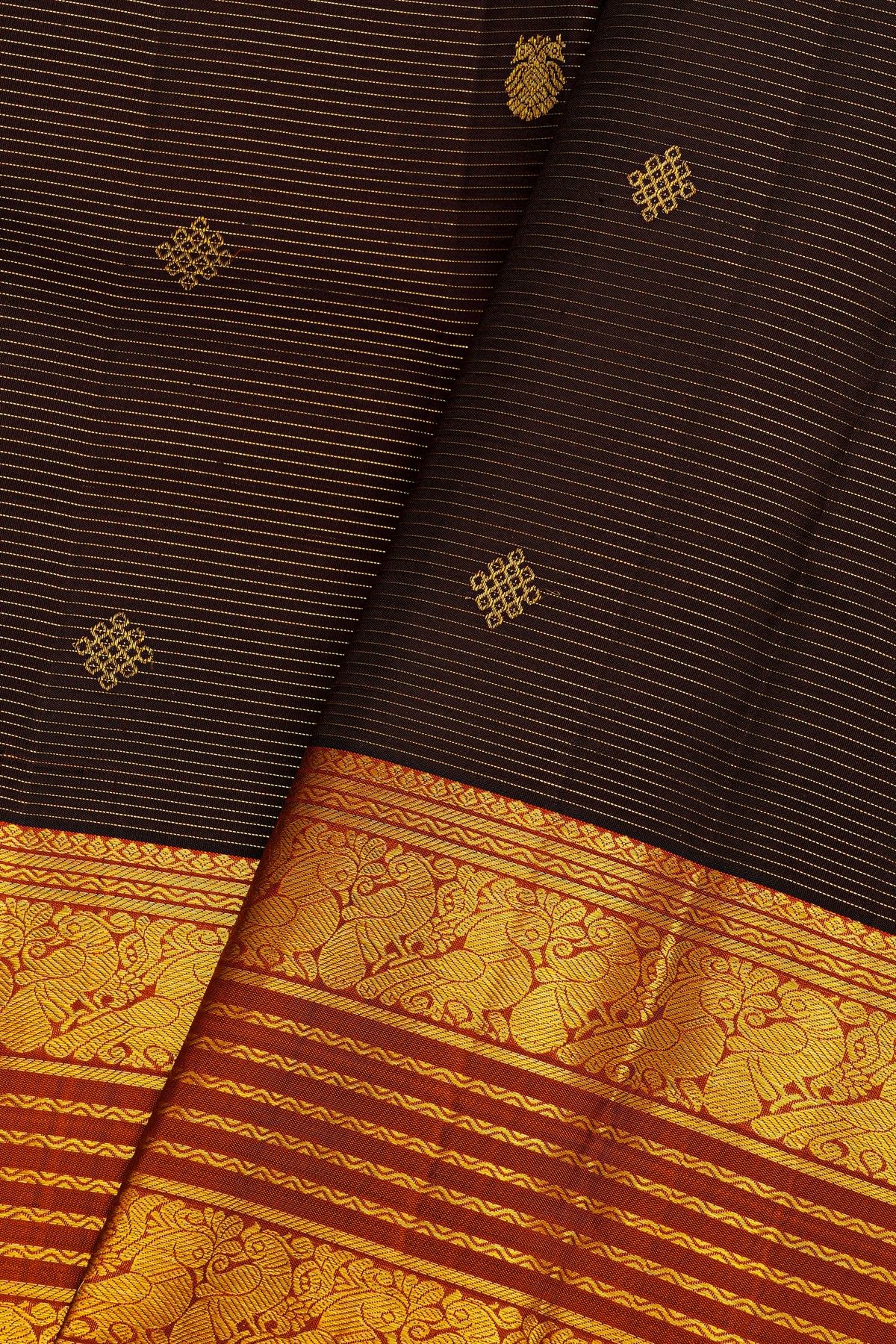 Kancheepuram Silk Brown Saree With Florals And Peacocks With Zari Lines Border