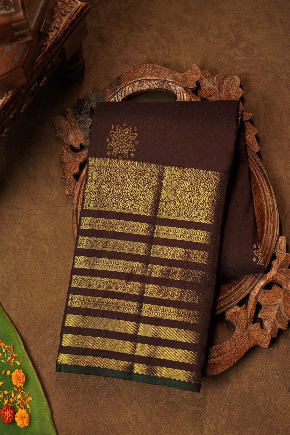 Kancheepuram Pure Silk Brown Saree With Kaddi Border