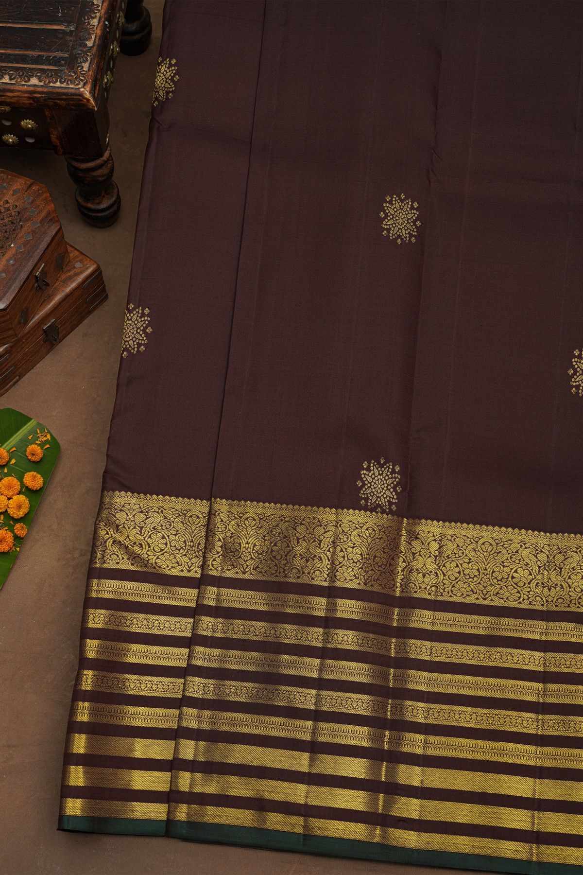 Kancheepuram Pure Silk Brown Saree With Kaddi Border