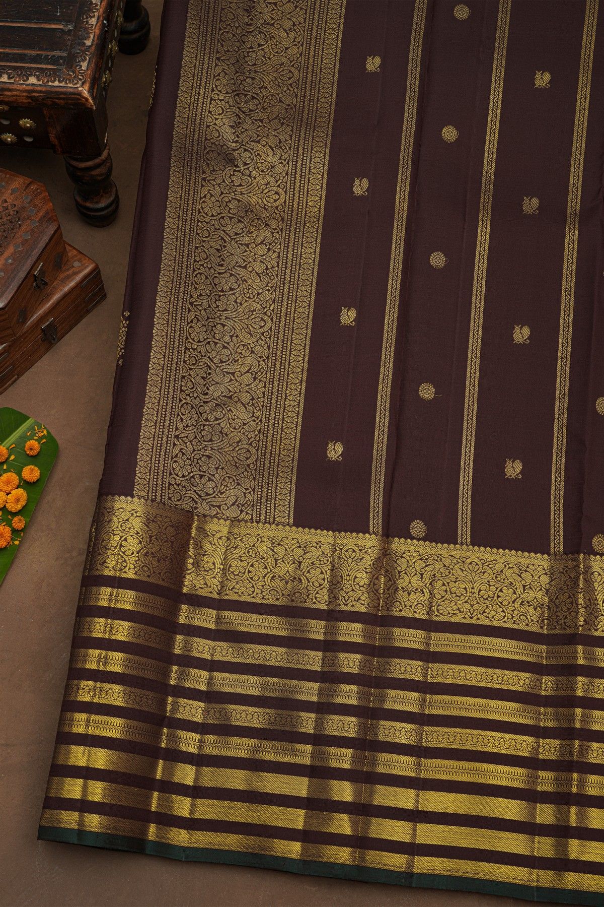 Kancheepuram Pure Silk Brown Saree With Kaddi Border