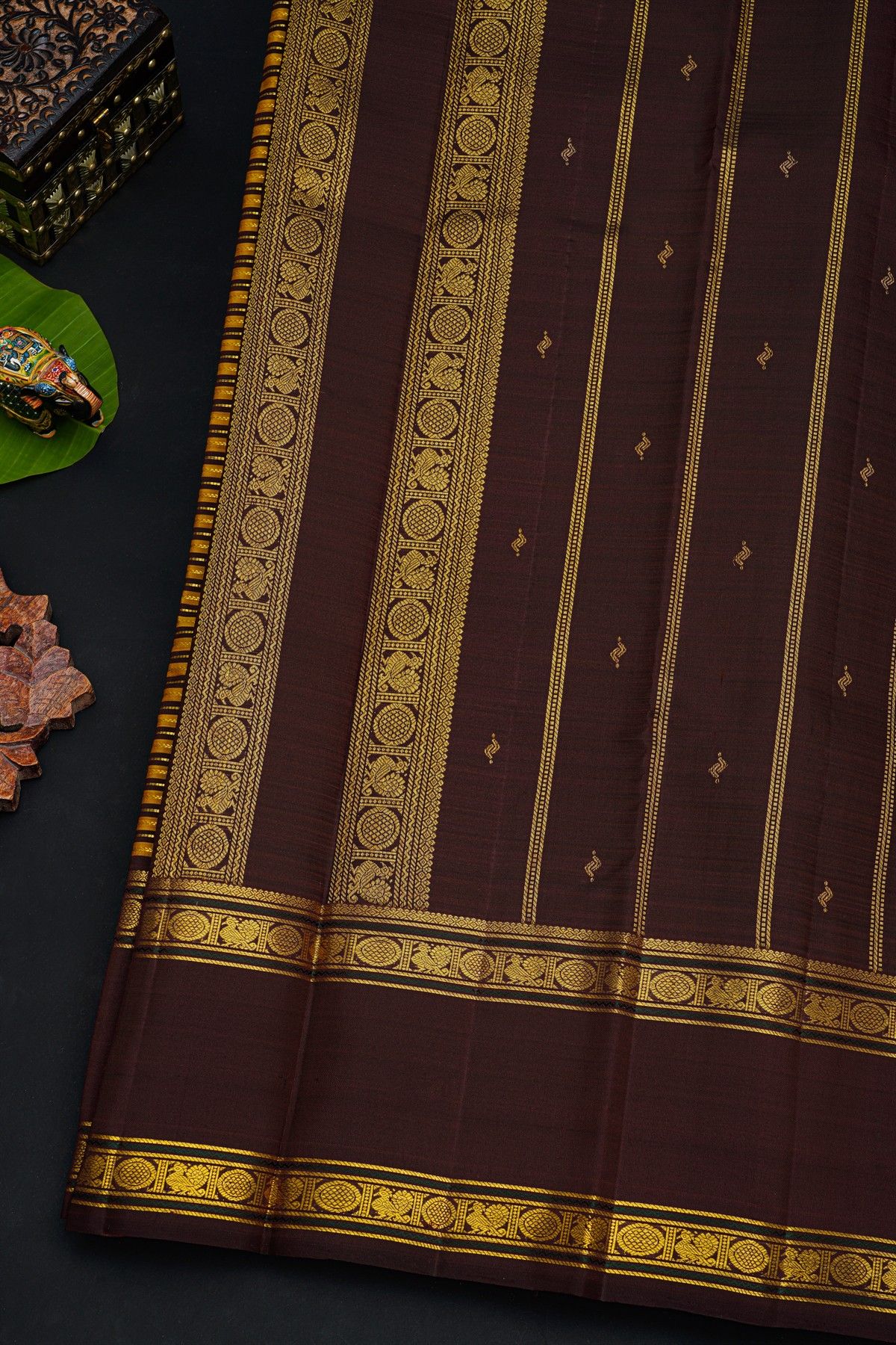 Kancheepuram Silk Multi Colour Saree With Florals And Peacocks In Boxes Border