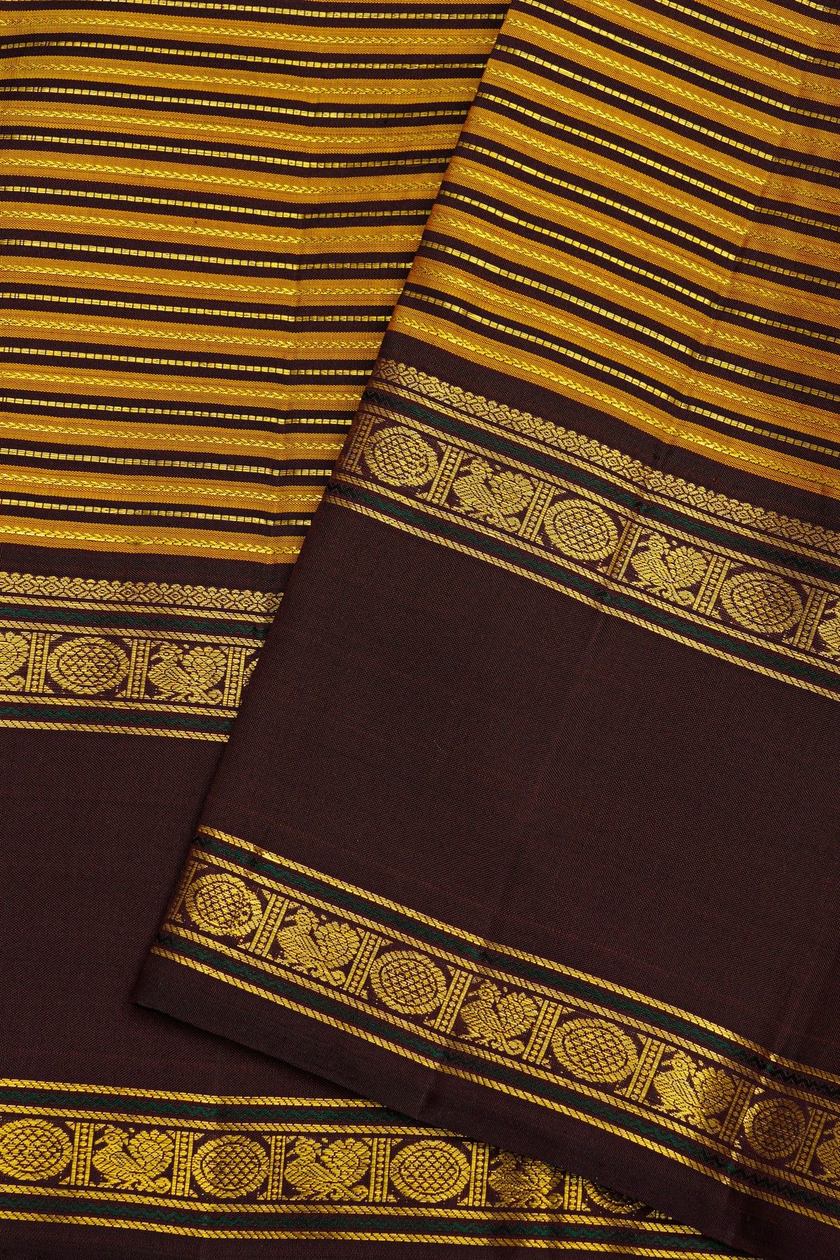 Kancheepuram Silk Multi Colour Saree With Florals And Peacocks In Boxes Border