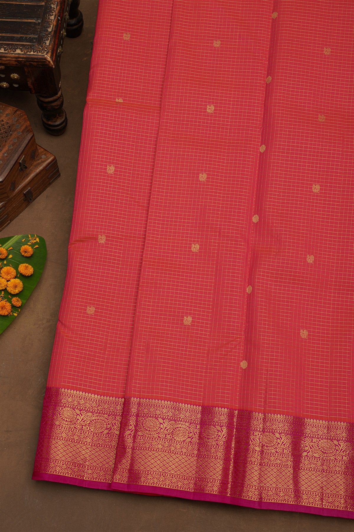 Kancheepuram Pure Silk Red Saree With Florals and Leaves Border