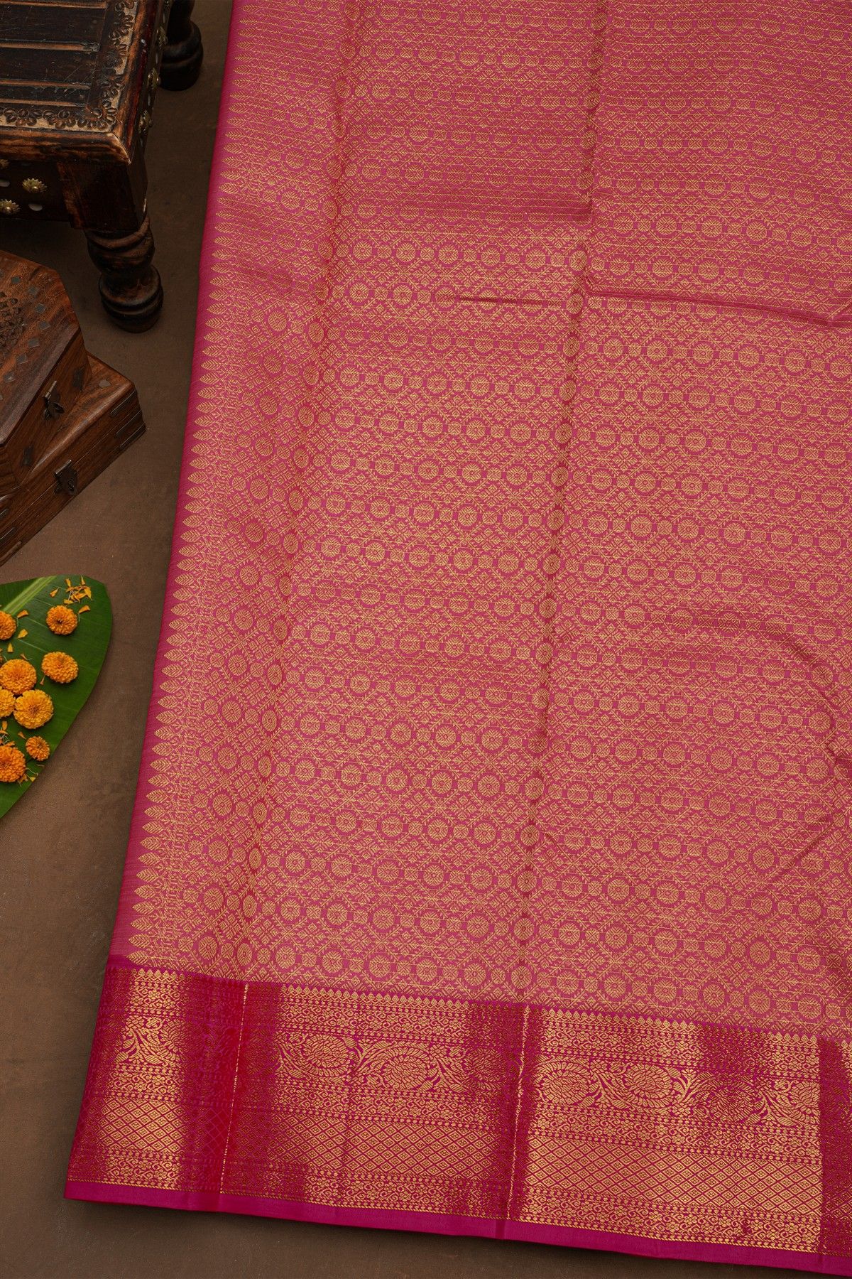 Kancheepuram Pure Silk Red Saree With Florals and Leaves Border