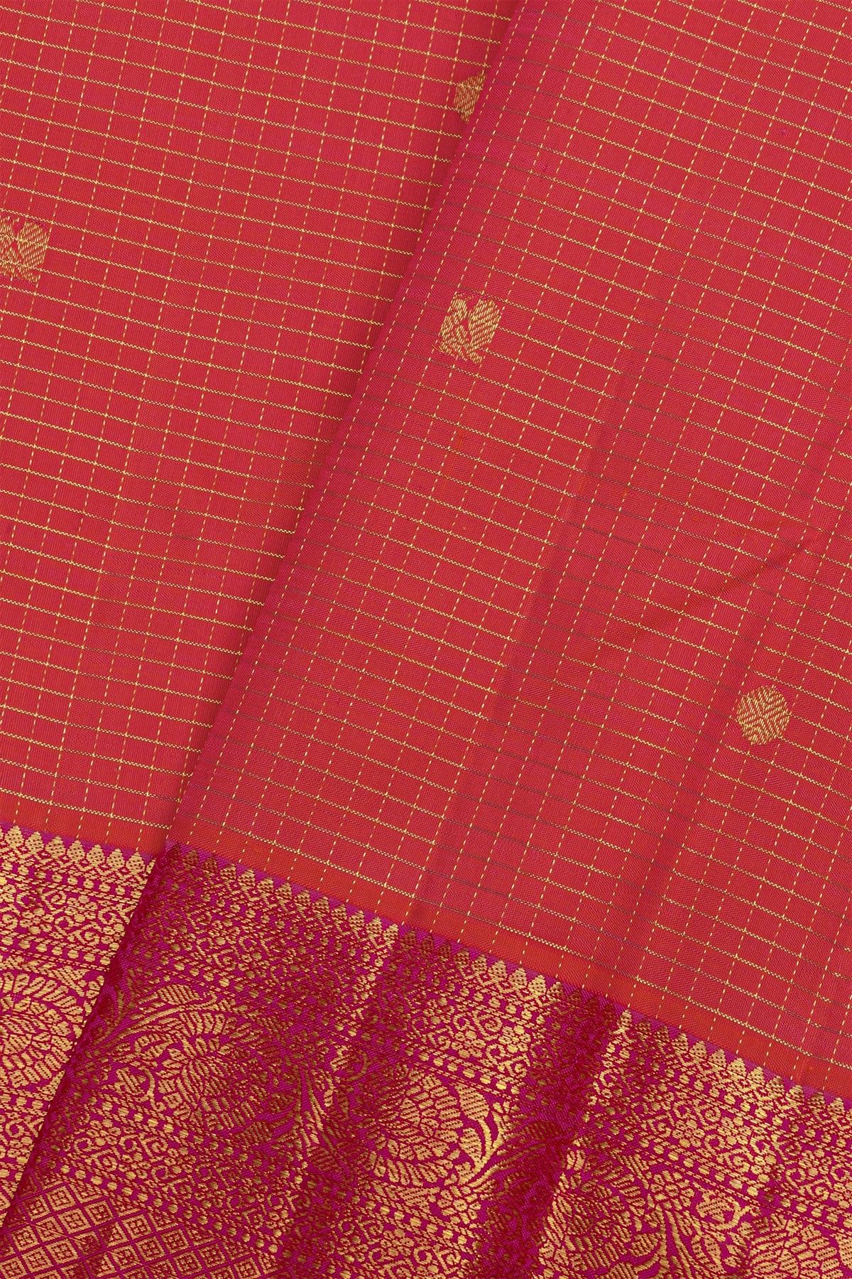Kancheepuram Pure Silk Red Saree With Florals and Leaves Border