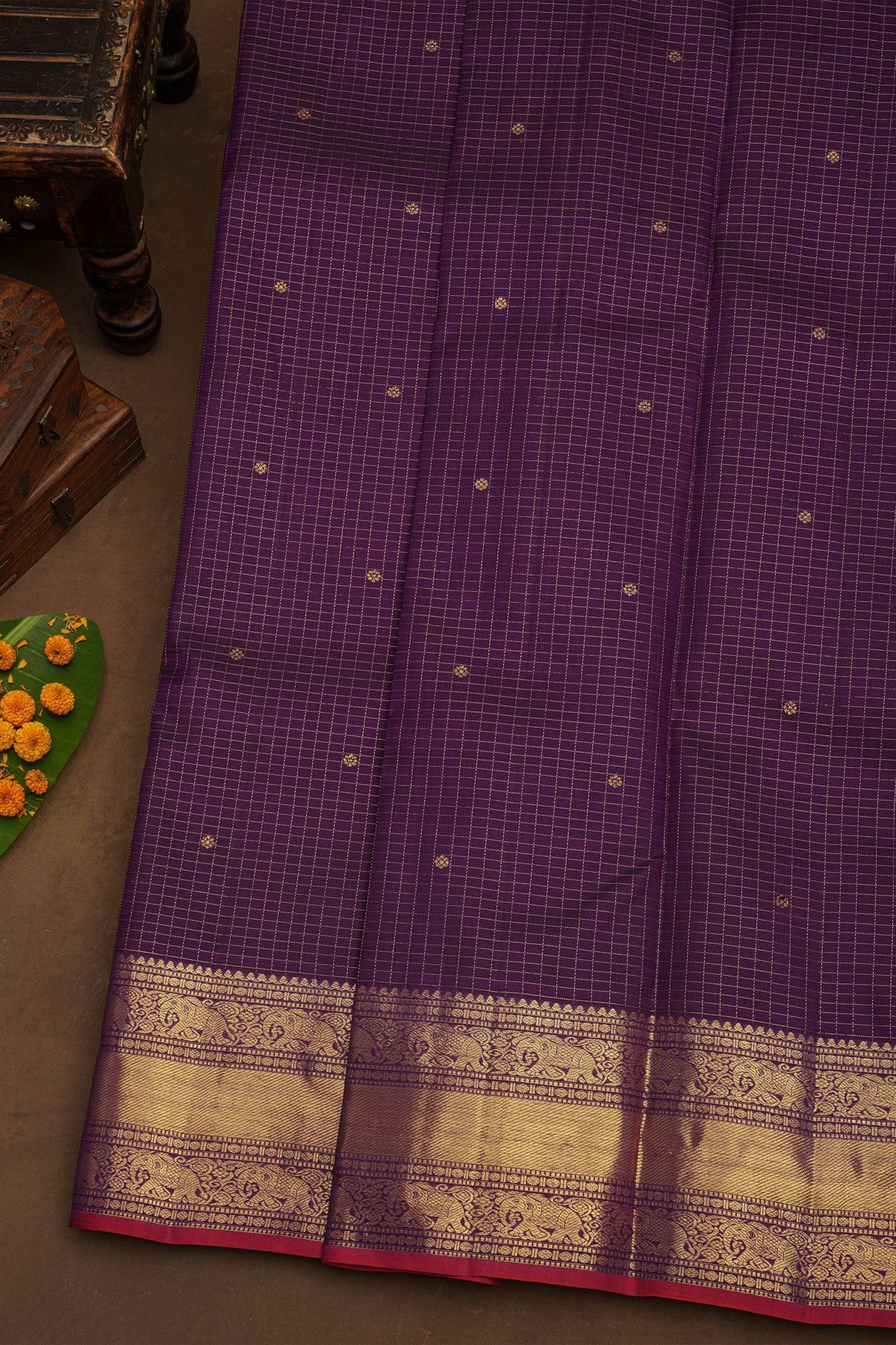 Kancheepuram Pure Silk Violet Saree With Florals And Leaves Traditional Border