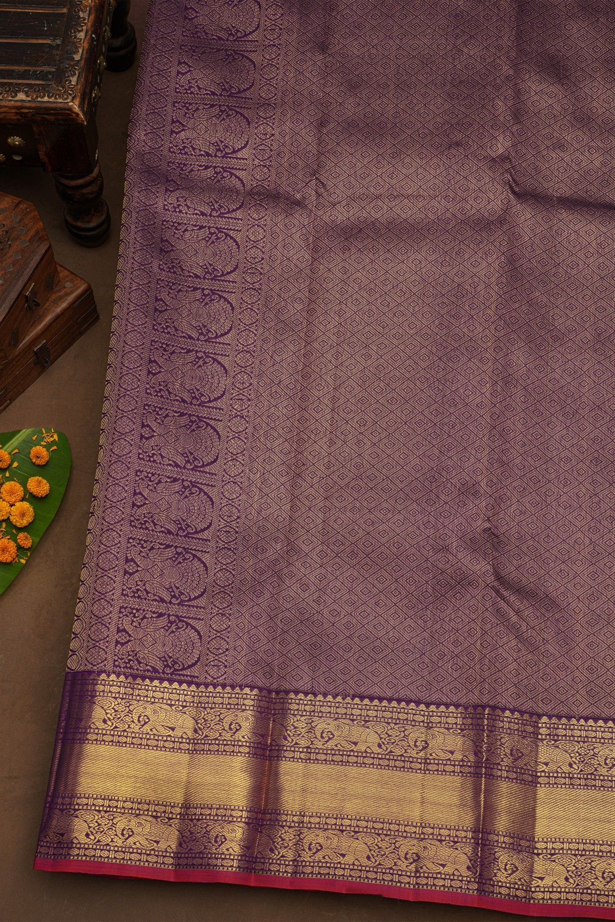 Kancheepuram Pure Silk Violet Saree With Florals And Leaves Traditional Border