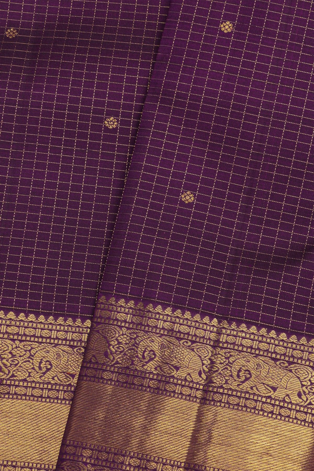 Kancheepuram Pure Silk Violet Saree With Florals And Leaves Traditional Border