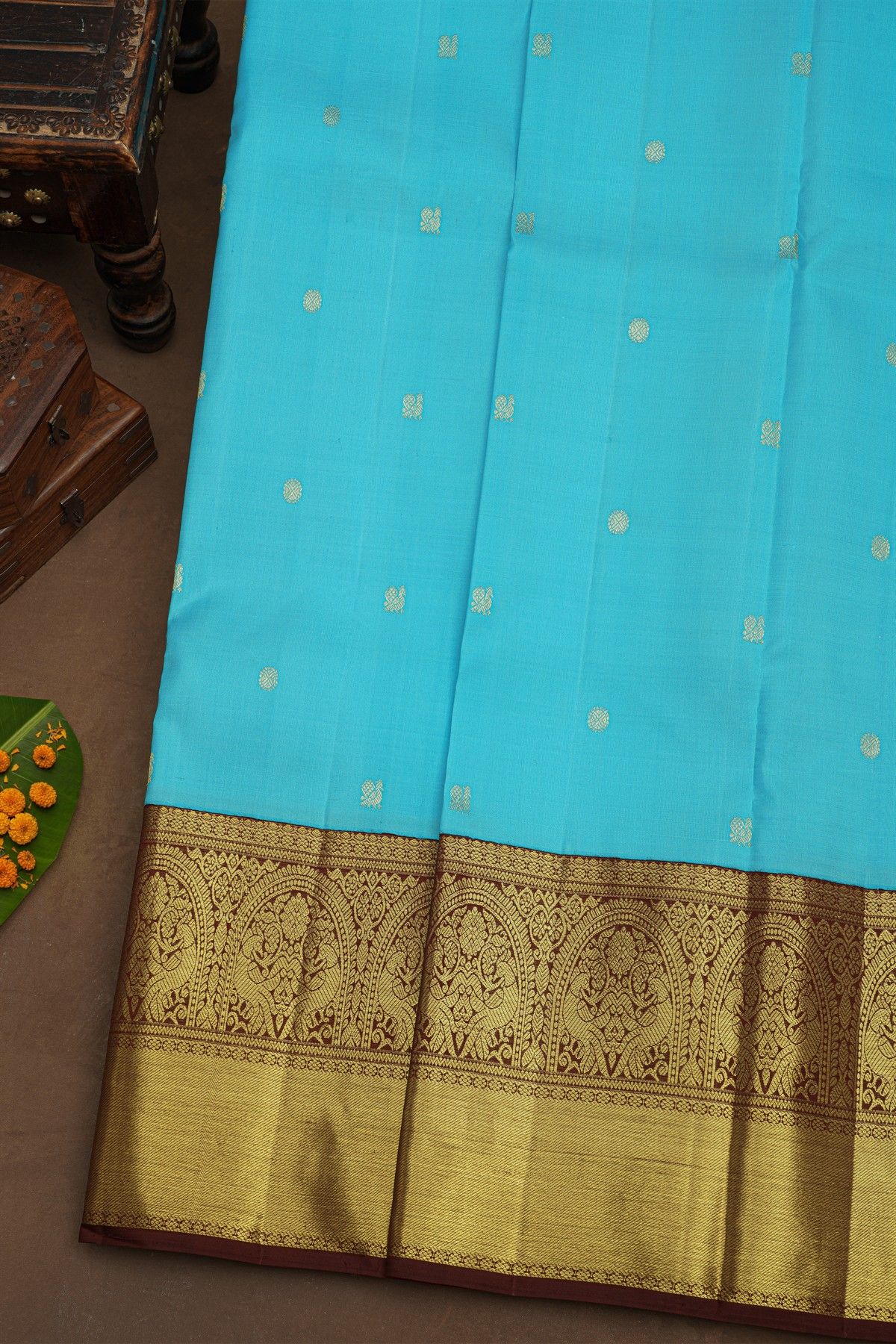 Kancheepuram Pure Silk Sky Blue Saree With Florals and Leaves Border